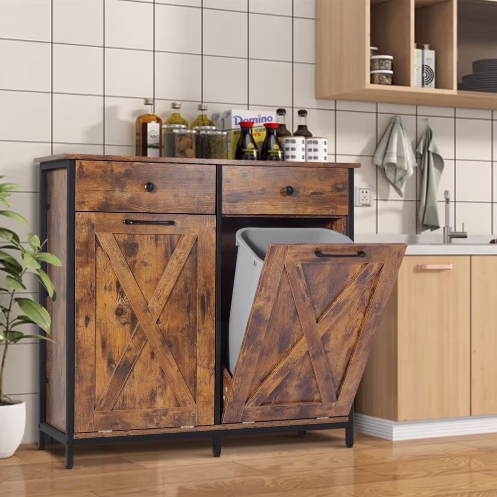 Eclife 20 Gallons Double Tilt Out Trash Cabinet Wood Tabletop, Upgrade Gray, WB010GY - Image 7