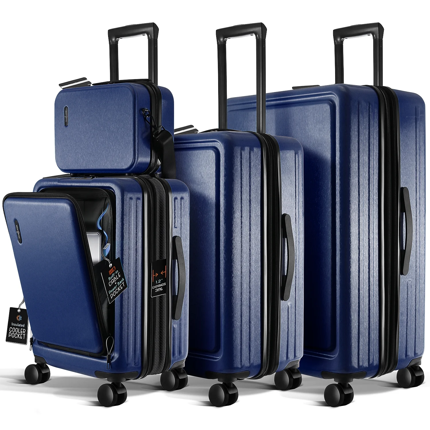 Virtu 4 Piece Hardshell Exapandable Luggage Set, Spinner Luggage Suitcase Set, Navy Blue - Image 7