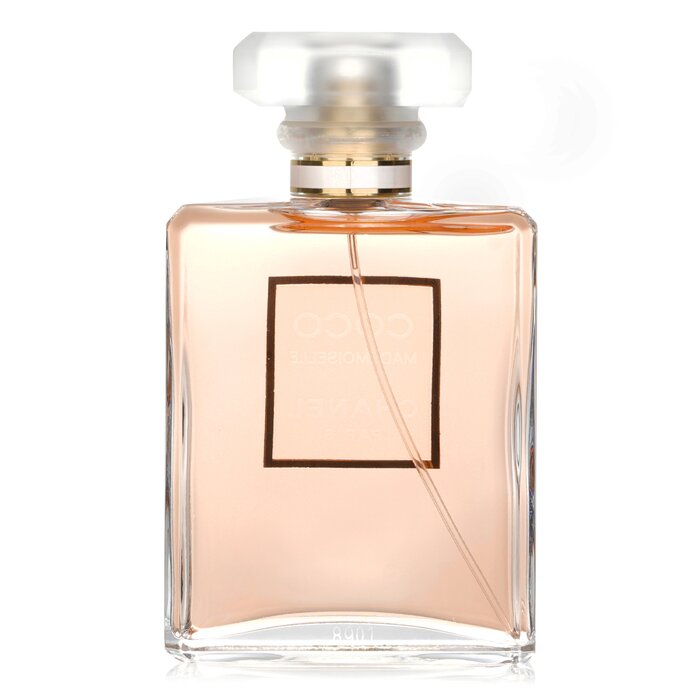 CHANEL Coco Mademoiselle Eau de Parfum 100ml 3.4 fl. oz. glass bottle displayed next to its classic white and gold packaging box.