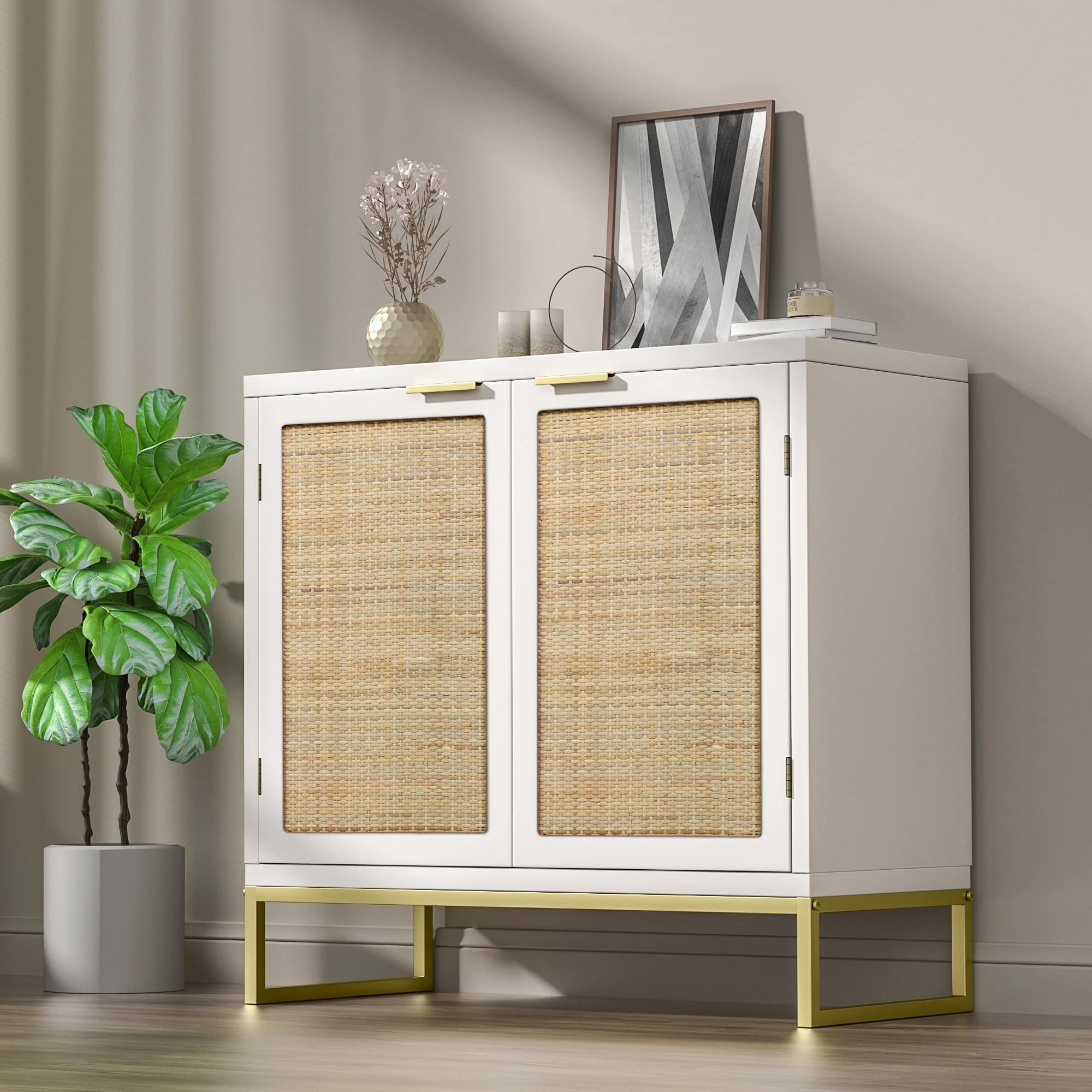 Eumyviv Modern Accent Sideboards Cabinets with 2 Rattan Doors, Mid-Century Buffets Storage Credenzas for Bedroom Living Room,Black,H0046 - Image 4