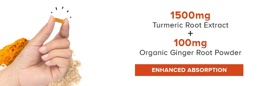 1500mg turmeric root extract + 100mg organic ginger root powder enhanced absorption.