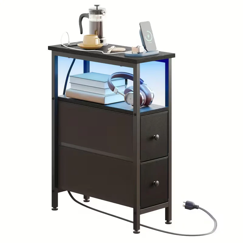 Fixwal Narrow Side Table with Charging Station and LED Light, Skinny Nightstand with 2 Fabric Drawers, Slim End Table for Bedroom, Dorm, Small Space, White - Image 2 Fixwal Narrow Side Table with Charging Station and LED Light, Skinny Nightstand with 2 Fabric Drawers, Slim End Table for Bedroom, Dorm, Small Space, White - Image 2