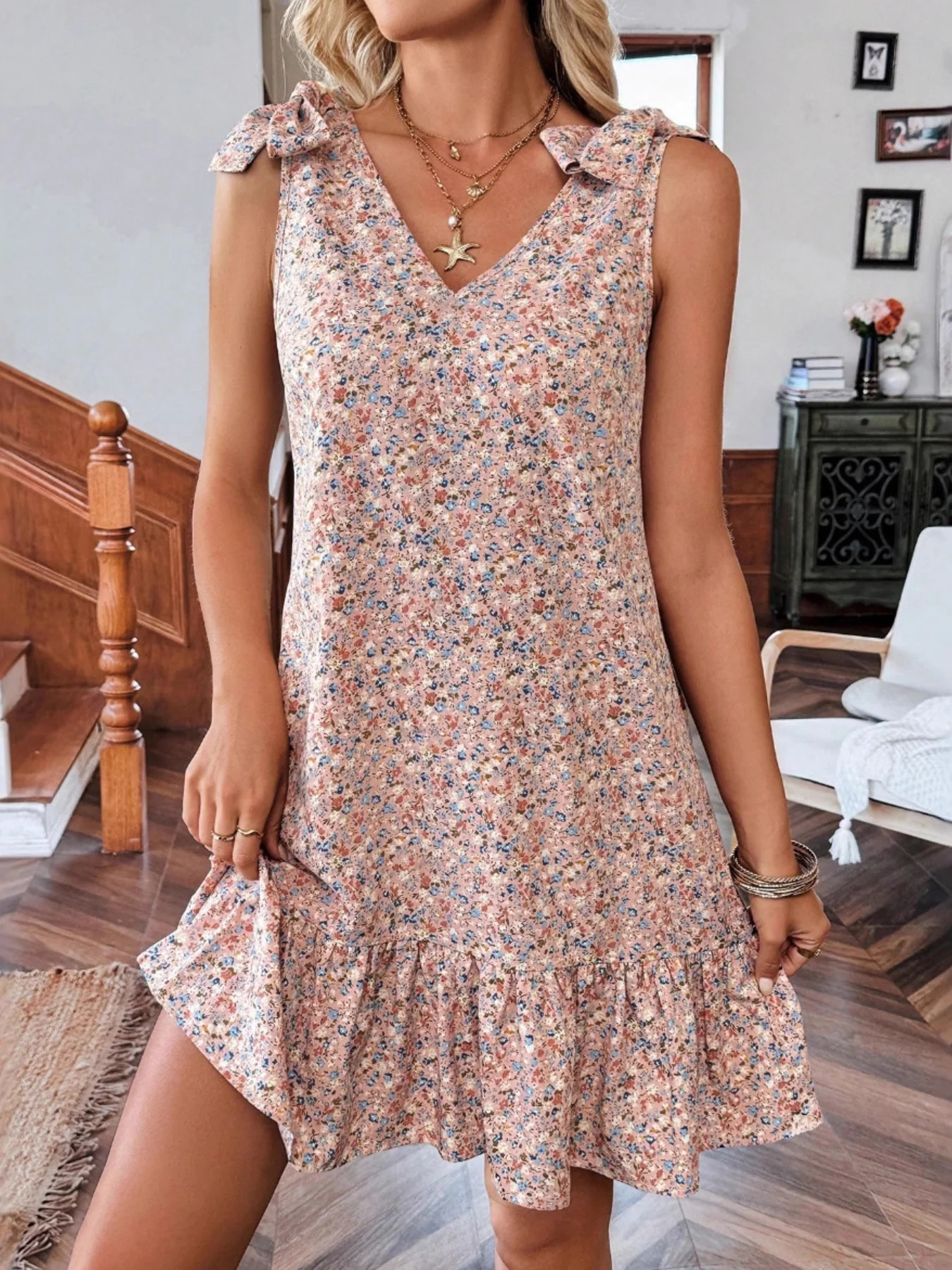 Floral Print Tie Strap Ruffle Hem Mini Dress - ZKZOOK