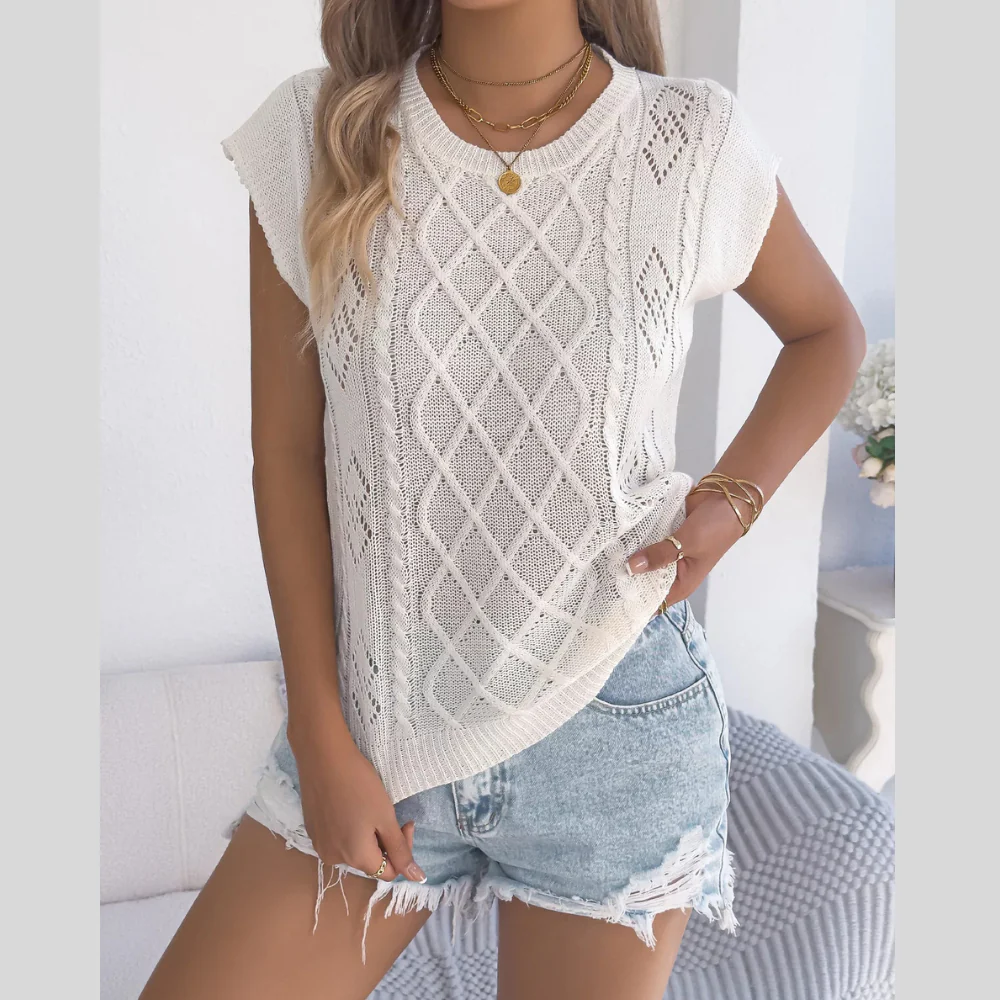 Cable Knit Openwork Cap Sleeve Sweater - ZKZOOK