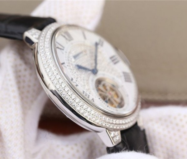 Replica Cartier Ballon Bleu de Cartier Tourbillon SS paved Diamonds Leather Strap - Top club