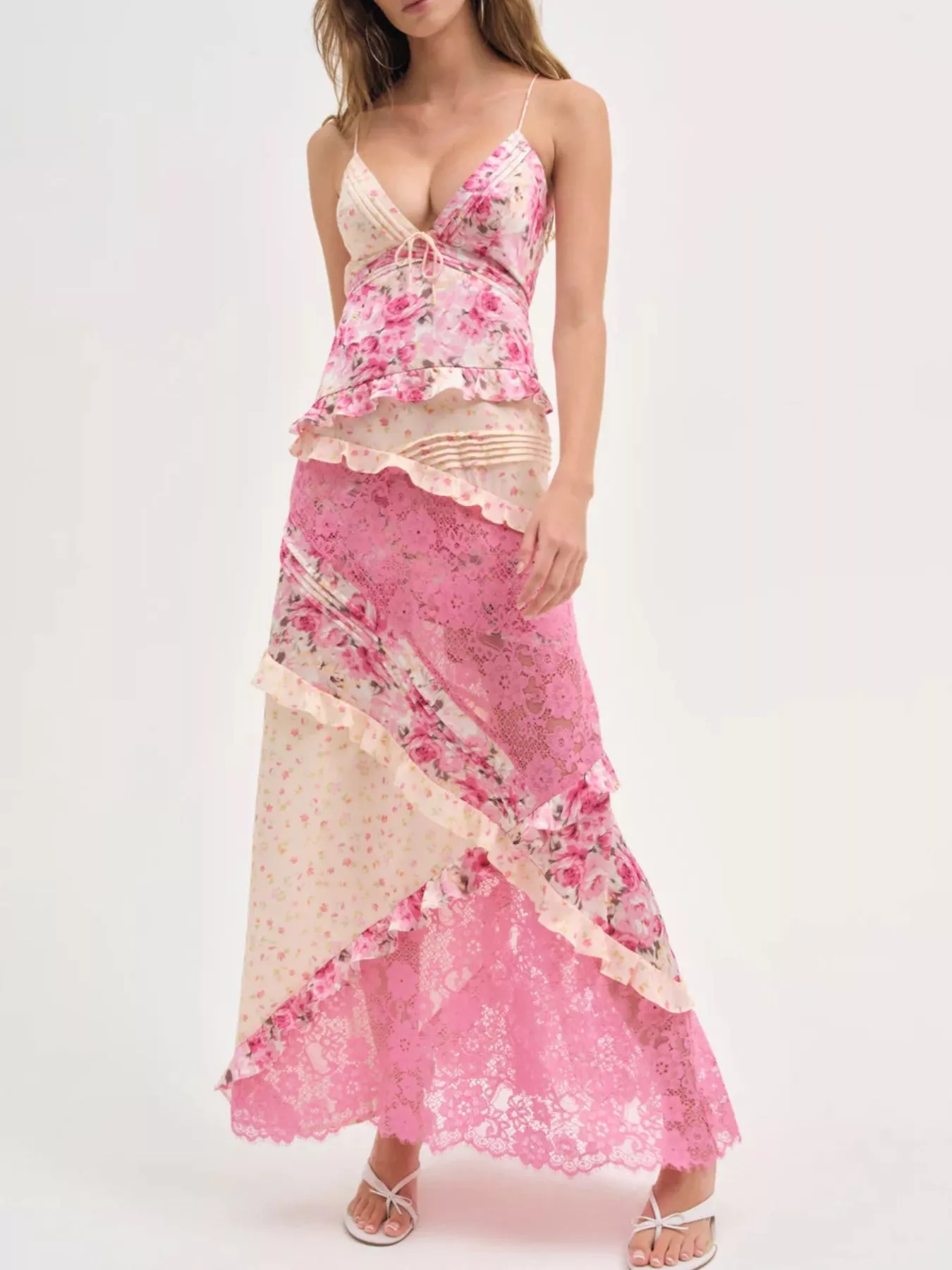 Lace Floral Print Ruffle Trim Maxi Dress - ZKZOOK