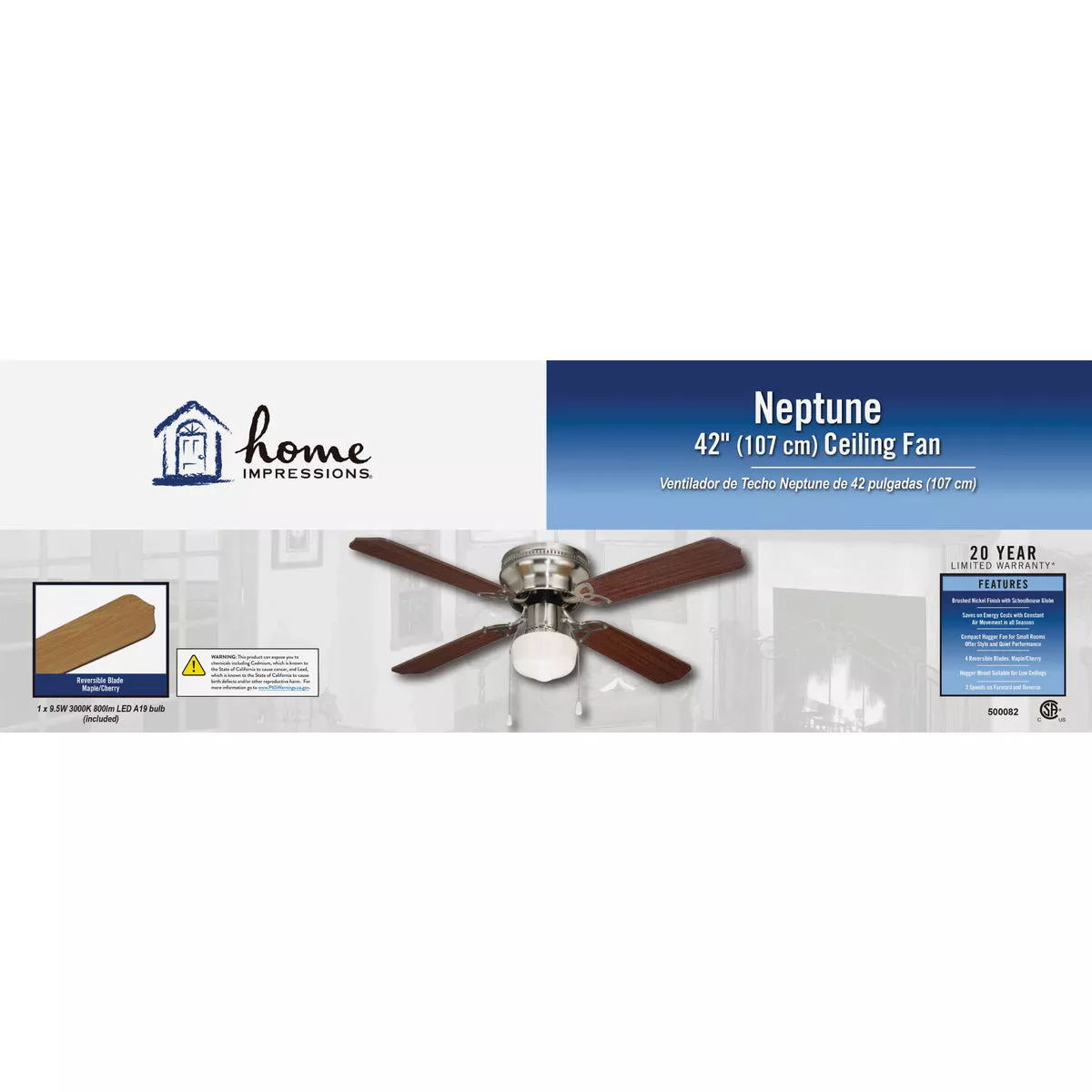 Home Impressions Neptune 42 In. Brushed Nickel Ceiling Fan with Light Kit