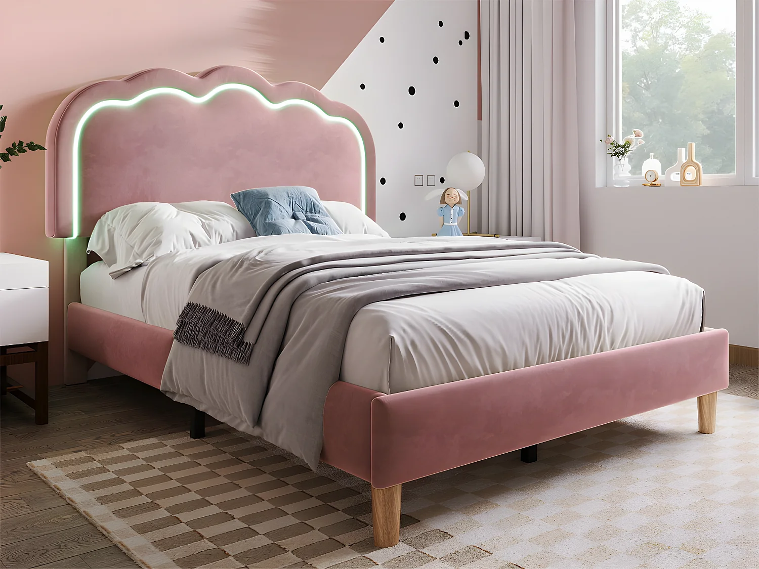 Lit 90x190cm rembourré en velours - avec LED et sommier à lattes - Rose