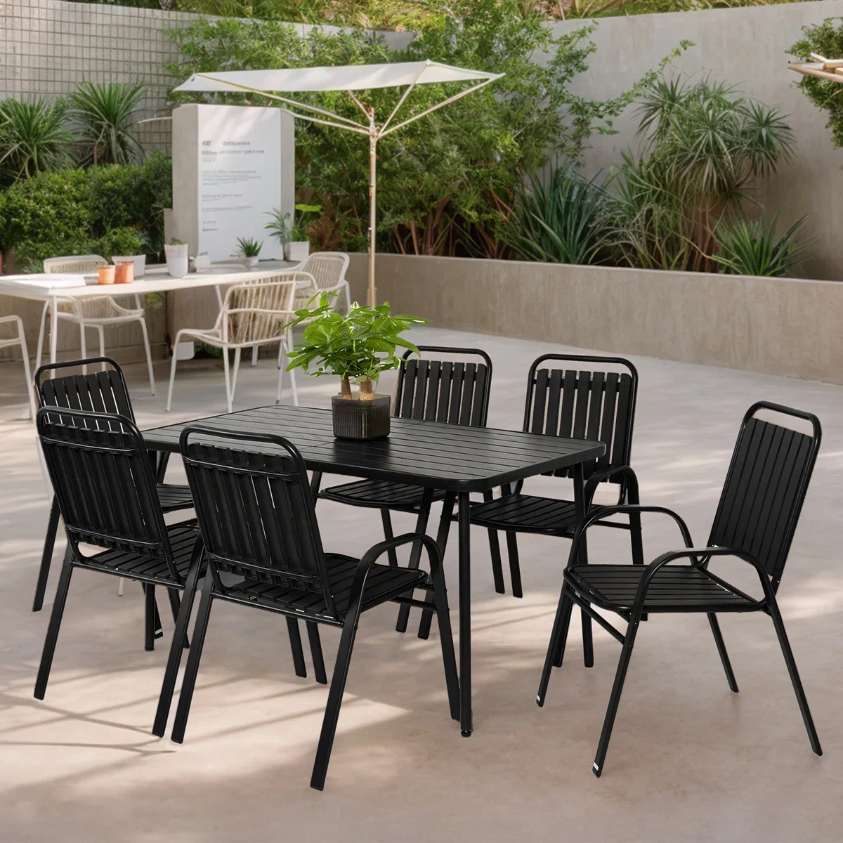 Seizeen Outdoor Dining Set for 6, Plastic Wood Patio Furniture Set with Steel Frame, Space-saving Dining Table and Chairs Stockable Design, All-weather Porch Garden Yard Conversation Furniture, Black