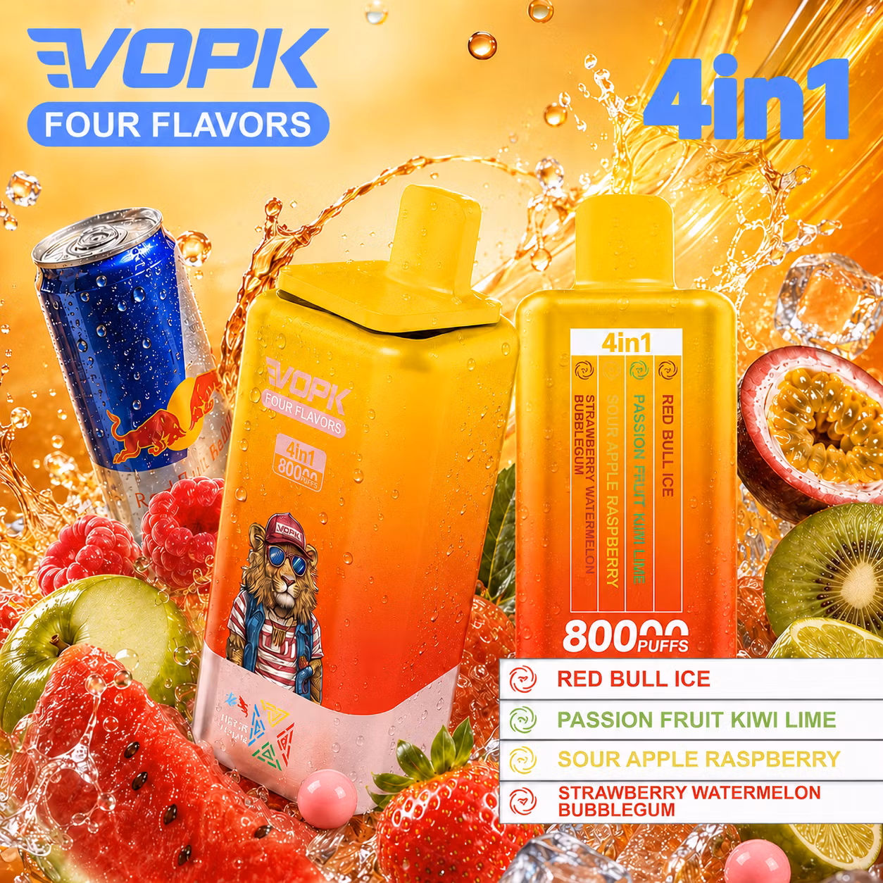 VOPK 80 000 puffów 4w1 – Red Bull Ice, Passion Fruit Kiwi Lime, Sour Apple Raspberry, Strawberry Bubblegum