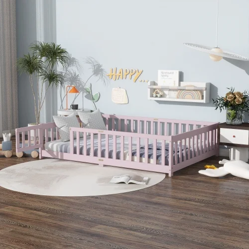 Bellemave Full Size Floor Bed with Door and Fence Floor Bed with Bed Slats Sturdy Wood Floor Bed Montessori Bed Frame (Full, Pink) - Image 4