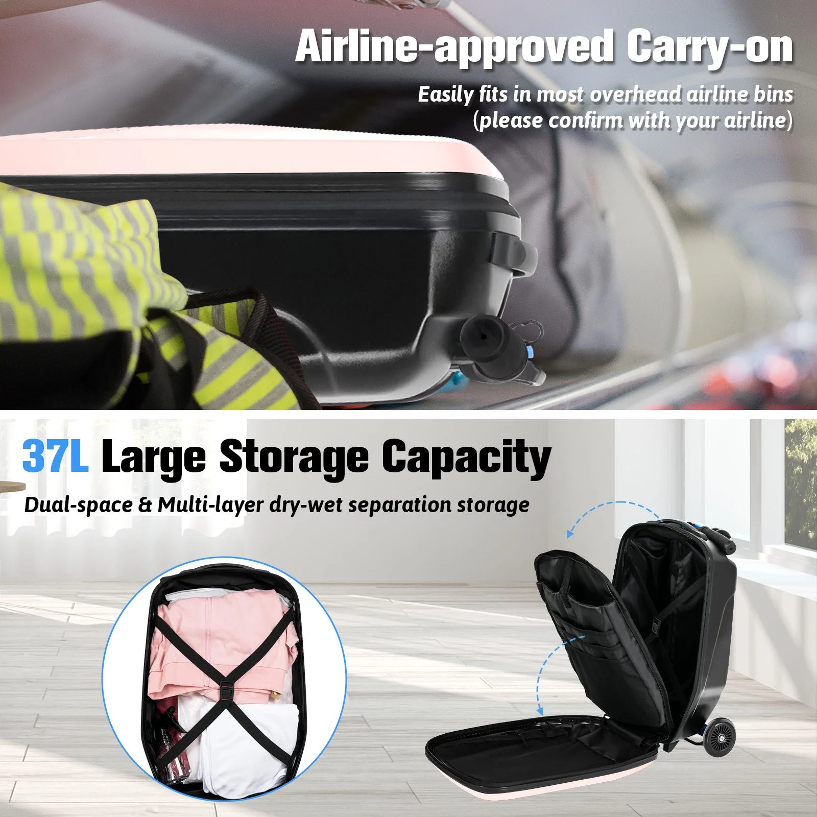 Advwin Scooter Luggage for Kids & Adults, Hardside Ride on Suitcase for Kids Ages 4-15 Multifunctional Lightweight Foldable Carry on Luggage with Wheels Ride on for Children Teenagers, Pink - Image 15