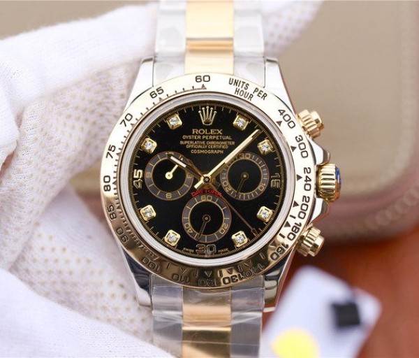 Replica Rolex Daytona 116523 Thick YG Wrapped Black Dial Diamonds Markers SS/YG Bracelet A7750 - Elite Watch Atelier