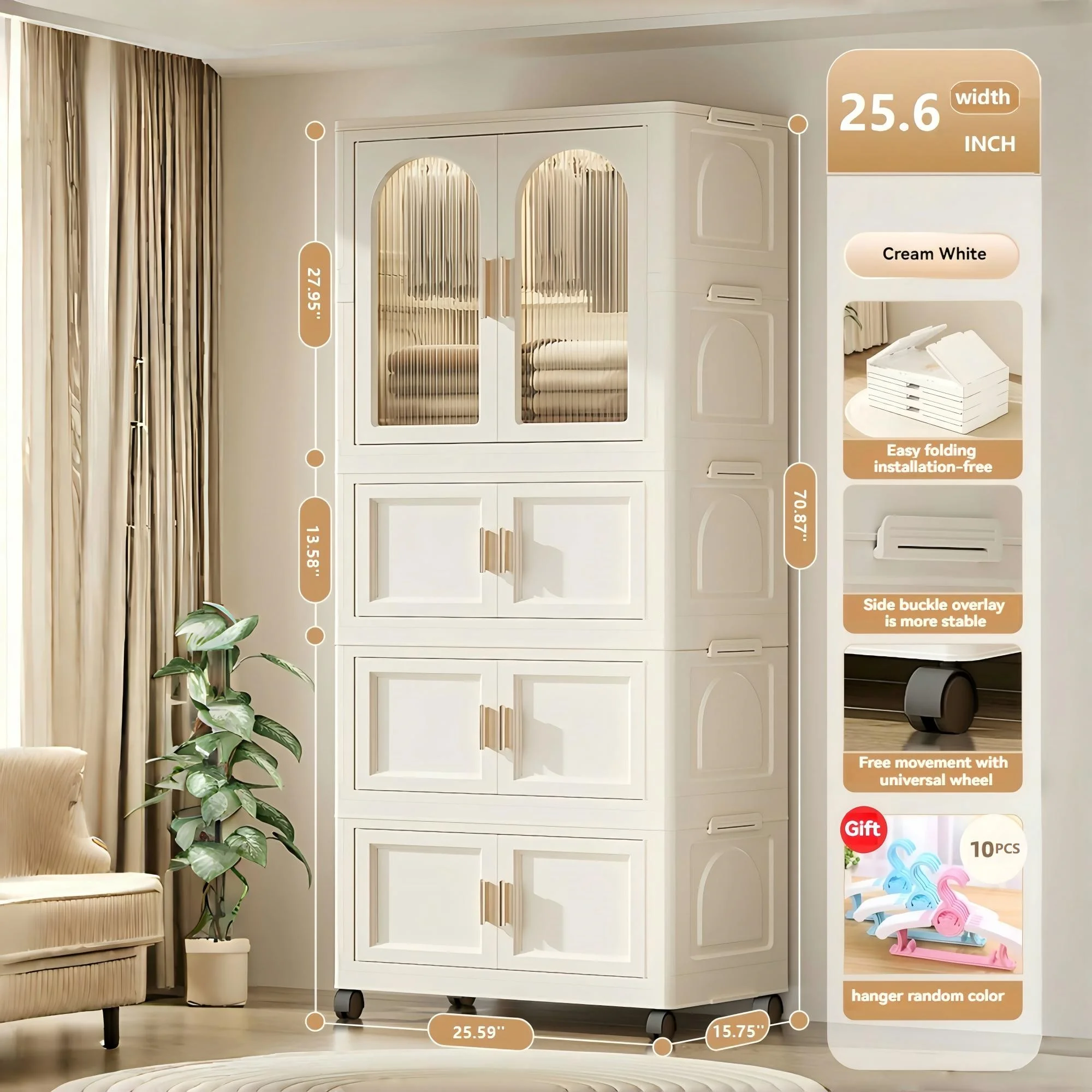 PORKISS Portable Wardrobe Closet, Folding Bedroom Armoire with Wheels, Plastic Storage Basket Can be Freely Combined (1 Layer of Wardrobe + 2 Layers of Folding Boxes+10 Hangers), Cream White-57.09"H - Image 13