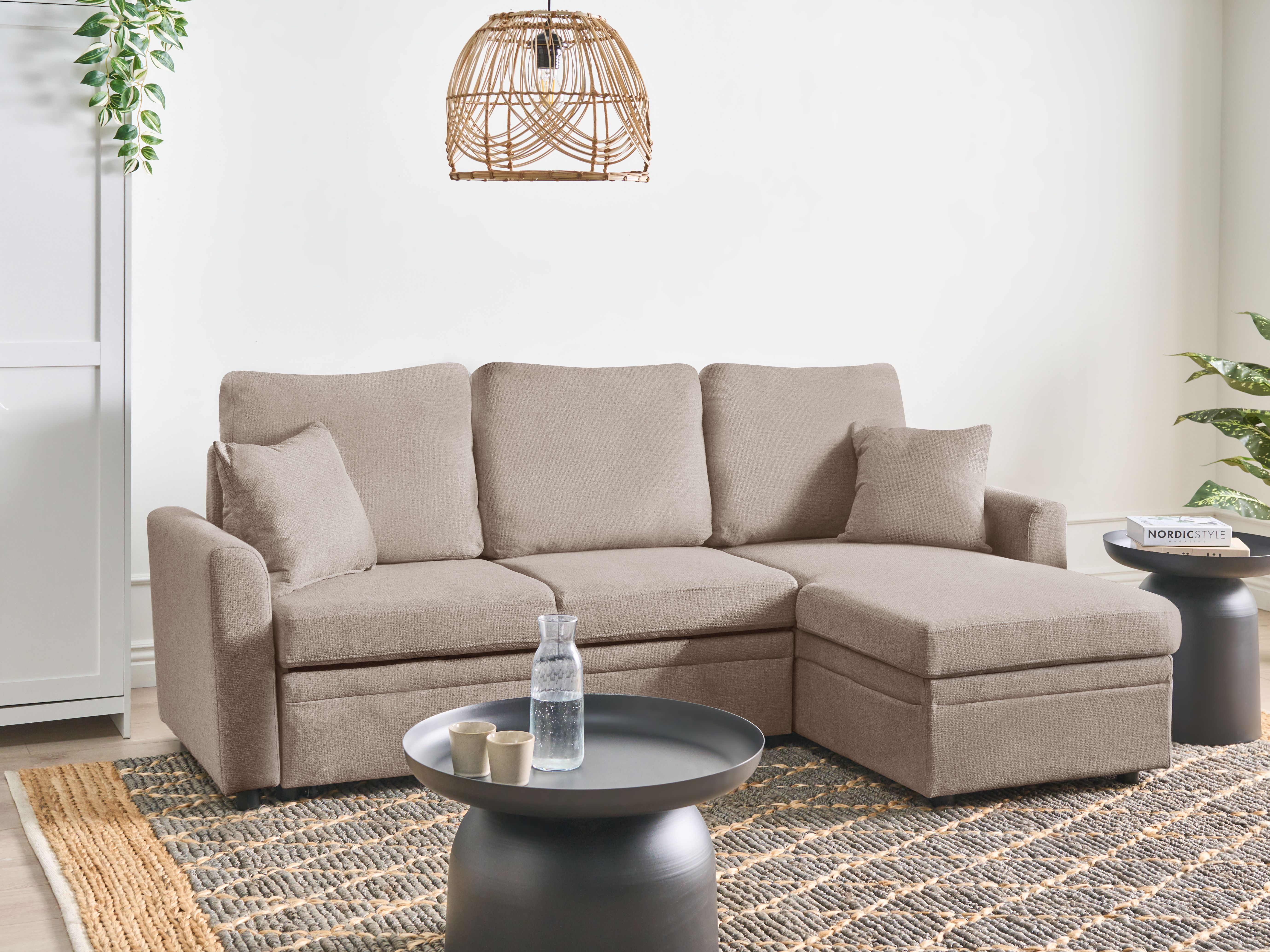 Corner Sofa Bed 3 Seater NASSJO Faux Linen Light Brown with Storage Left Hand
