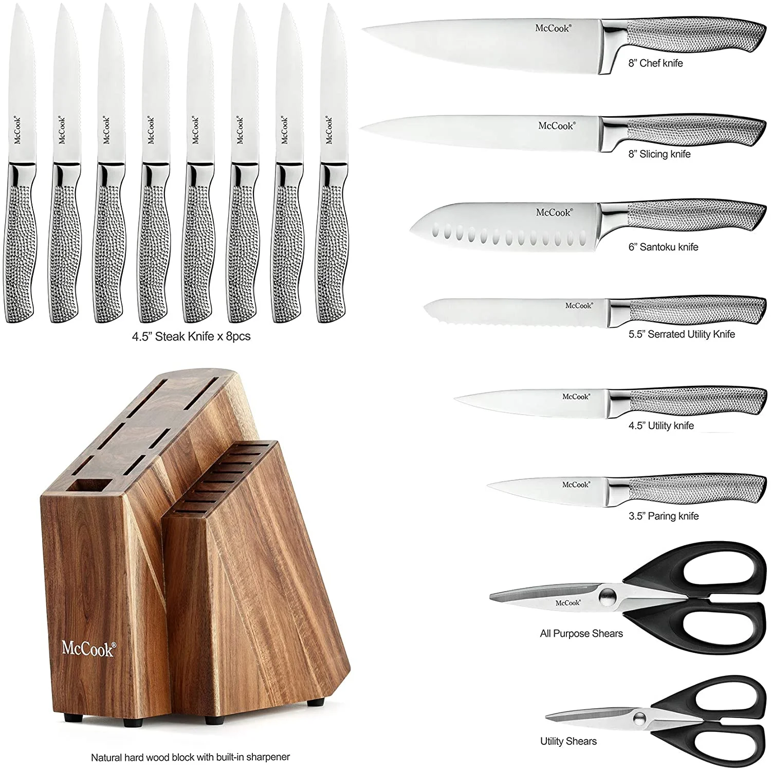 McCook MC20 17pcs Kitchen Knife Set with Block Cutlery Knife Block Set Stainless Steel