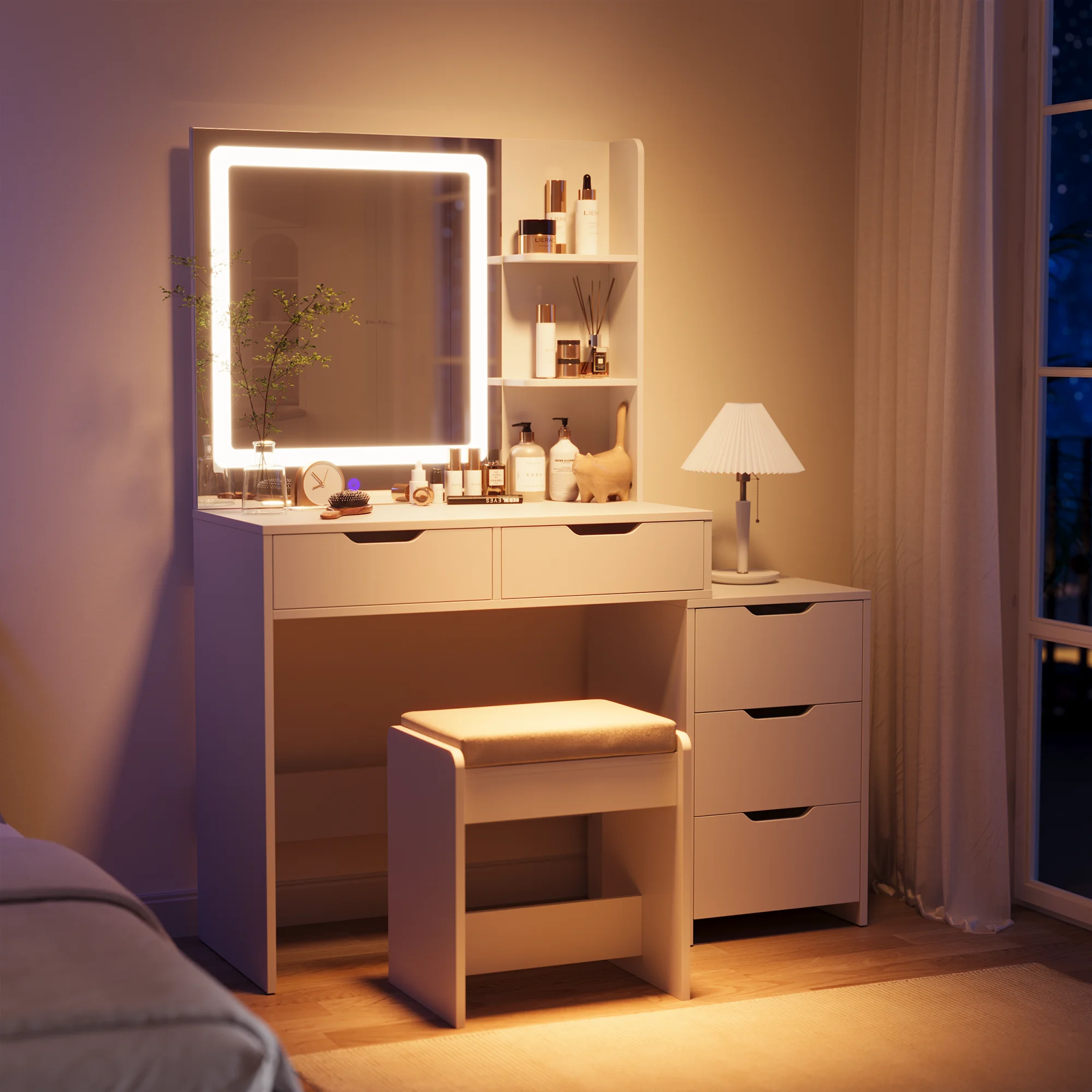 Asofer Vanity Desk with Mirror and Adjustable Light, White Makeup Vanity Set with 5 Drawers for Bedroom, Dressing Room