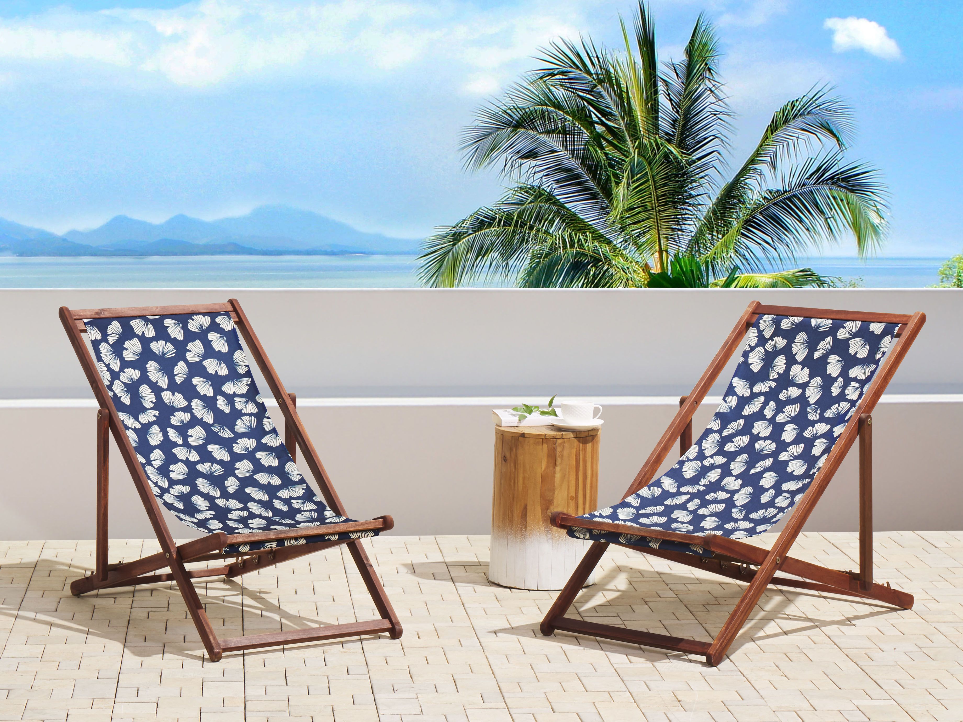 Set of 2 Folding Deck Chairs ANZIO with Replacement Fabrics Floral Motif Acacia Wood Dark Brown
