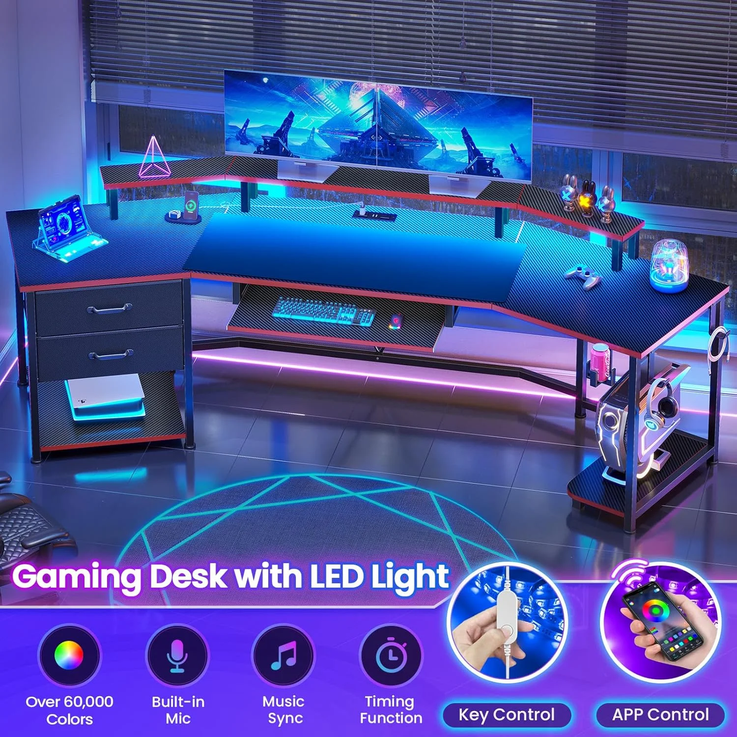 79" Gaming Desk with LED Lights and Power Outlets, U Shaped Desk with Monitor Stand and Drawers, Gaming Table with Keyboard Tray, Cup Holder and CPU Stand for Bedroom, Carbon Fiber Black - Image 17