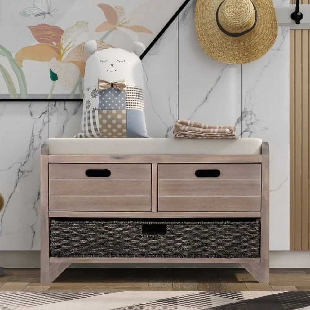Solid Wood Storage Bench, Narrow Entryway Bench with 2 Drawers and Removable Basket, Classic Accent Shoe Bench with Storage and Removable Cushion for Hallway Living Room, Fully Assembled, Navy - Image 16