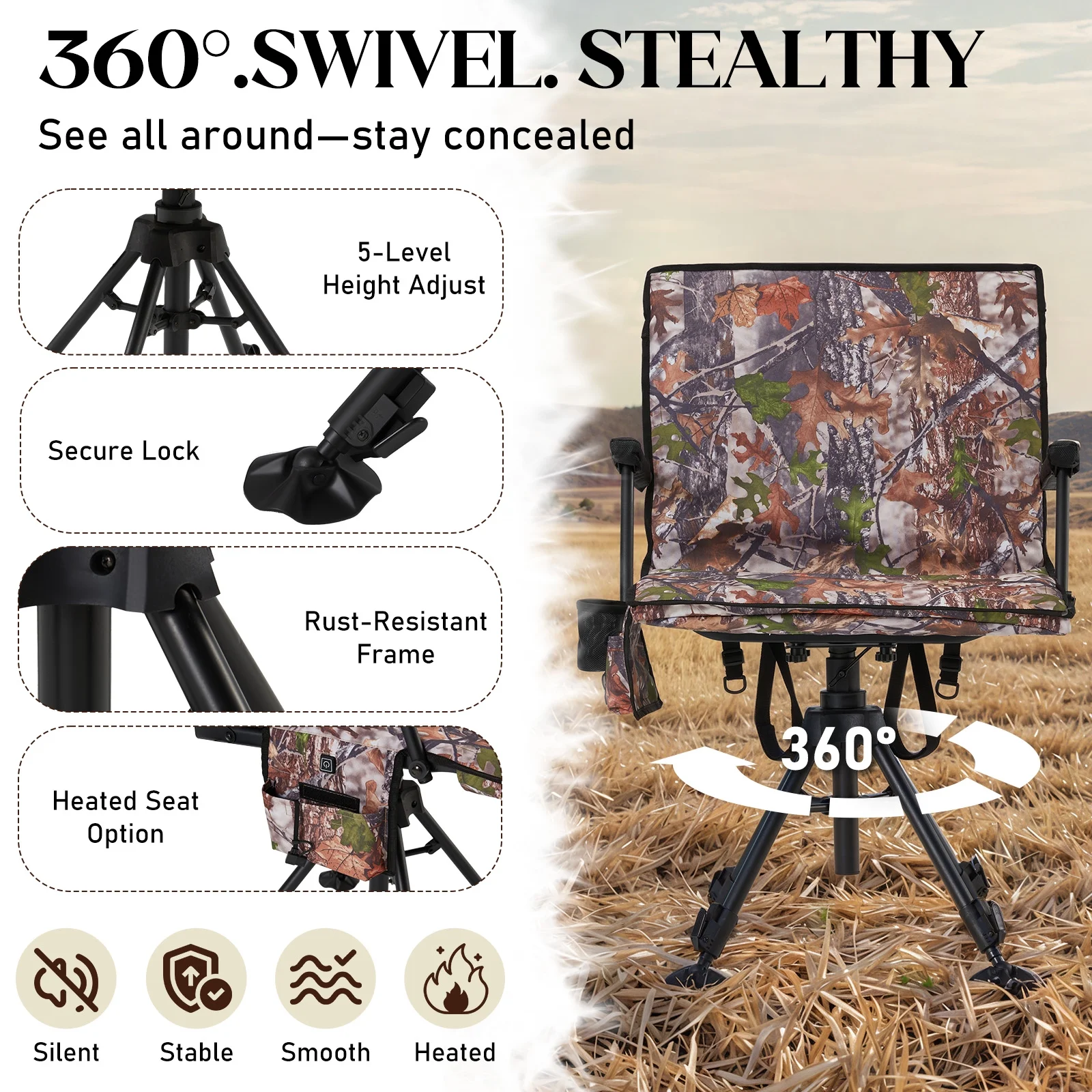 Danrelax 360�� Silent Camo Hunting Blind Chair, Armrests, Side Pouch, Telescopic Legs - Image 57