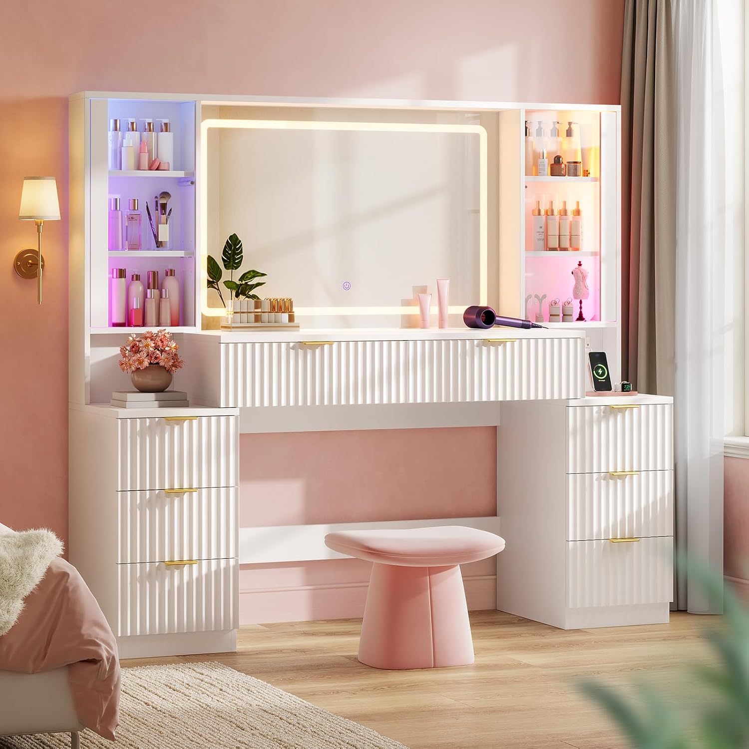 Big Vanity, Fluted Wood Makeup Vanity Desk with Mirror and Sound Sync LED Lights, Large Vanity Dressing Table, 8 Drawers, Charging Station for Girls, Women (White, 59.1