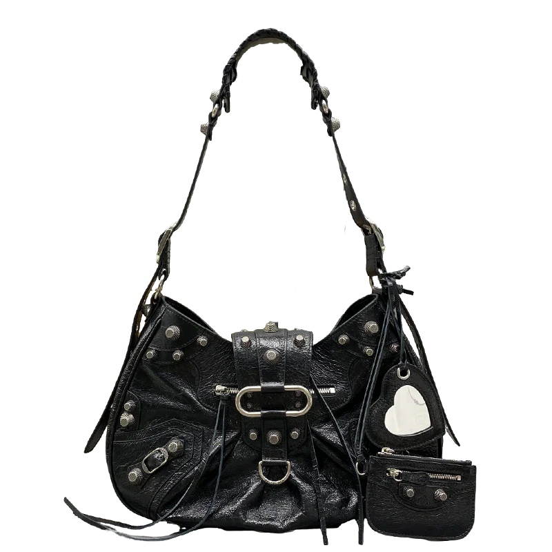 Black Balenciaga Studded Hobo Bag with Heart - Shaped Charm and Mini Pouch for Edgy Fashion Style No.3725 - Replicaclubs