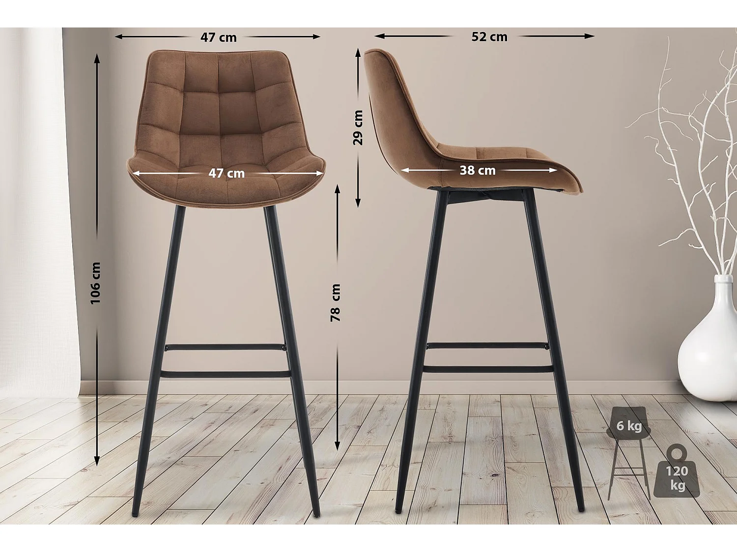 Lot de 2  Tabouret de bar - Velours & Métal noir mat - Marron - Dartford