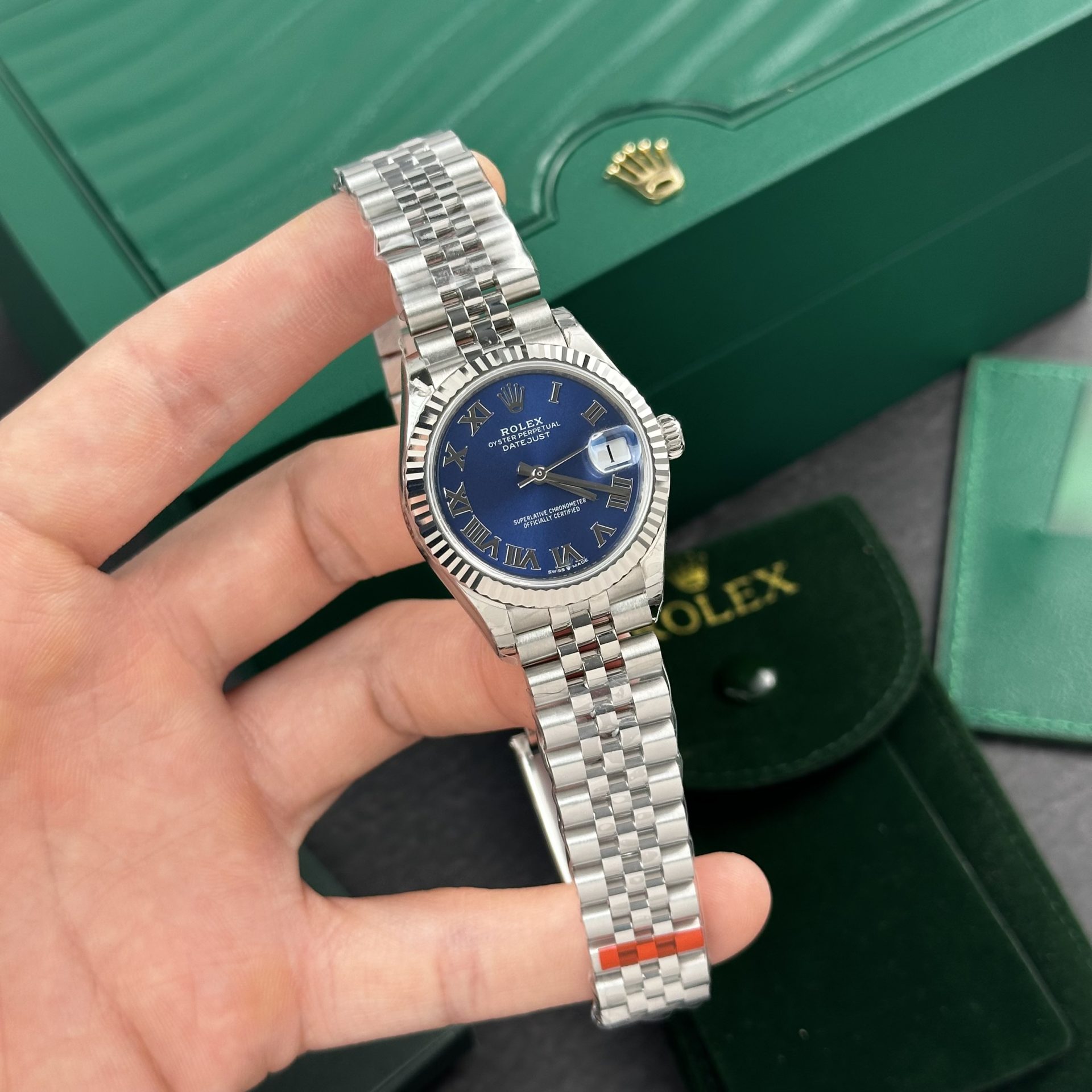 Rolex Fake Watch DateJust Roman Numeral Pile Blue Dial EW Factory 31mm - Elite Watch Atelier