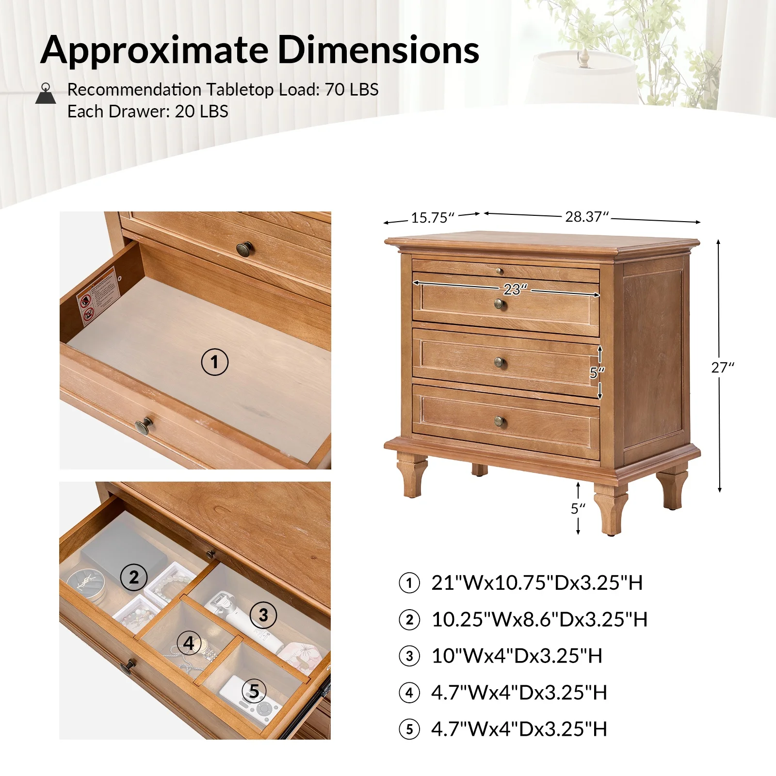 Farmhouse 3 Drawers Nightstand with Tray Bedside Table with Charging Station Acorn - Image 12