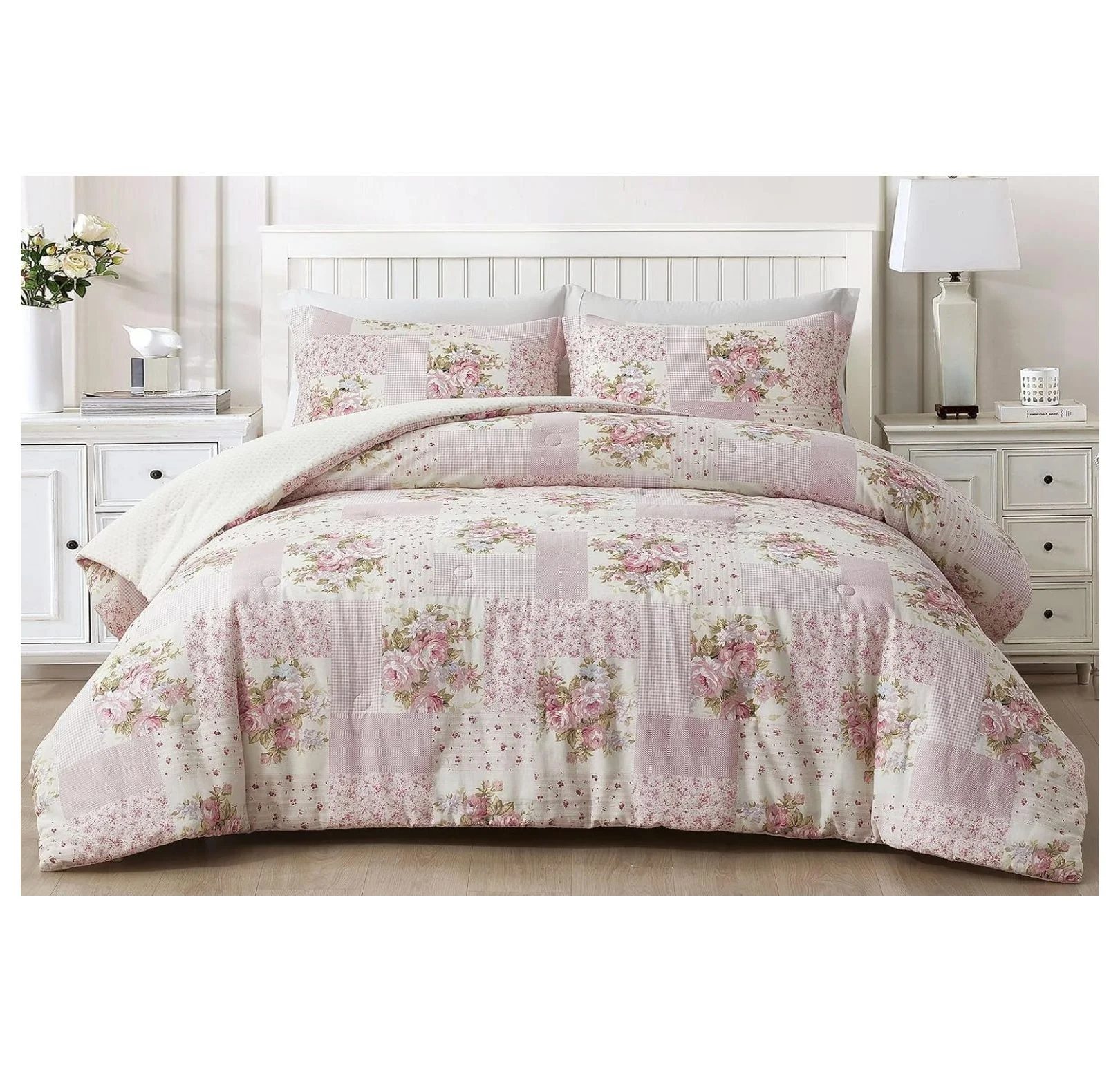 YOSITiuu Rosy 3-Piece Queen Size Washed Cotton Comforter Set - Floral Bedding Set Ivory Green Flower Polka Dot Printed Patchwork Reversible Lightweight Comforter for All Season