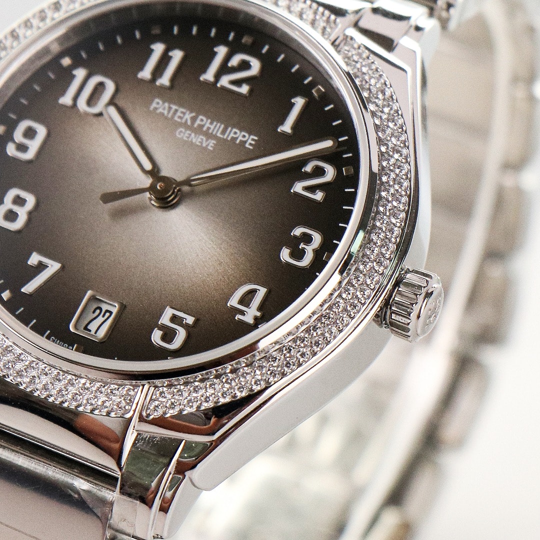Fake Diamond Watch Replica Patek Philippe Twenty~4 Ladies Stainless Steel Grey Sunburst Dial 7300/1200A-010(1:1 replica) - Top club