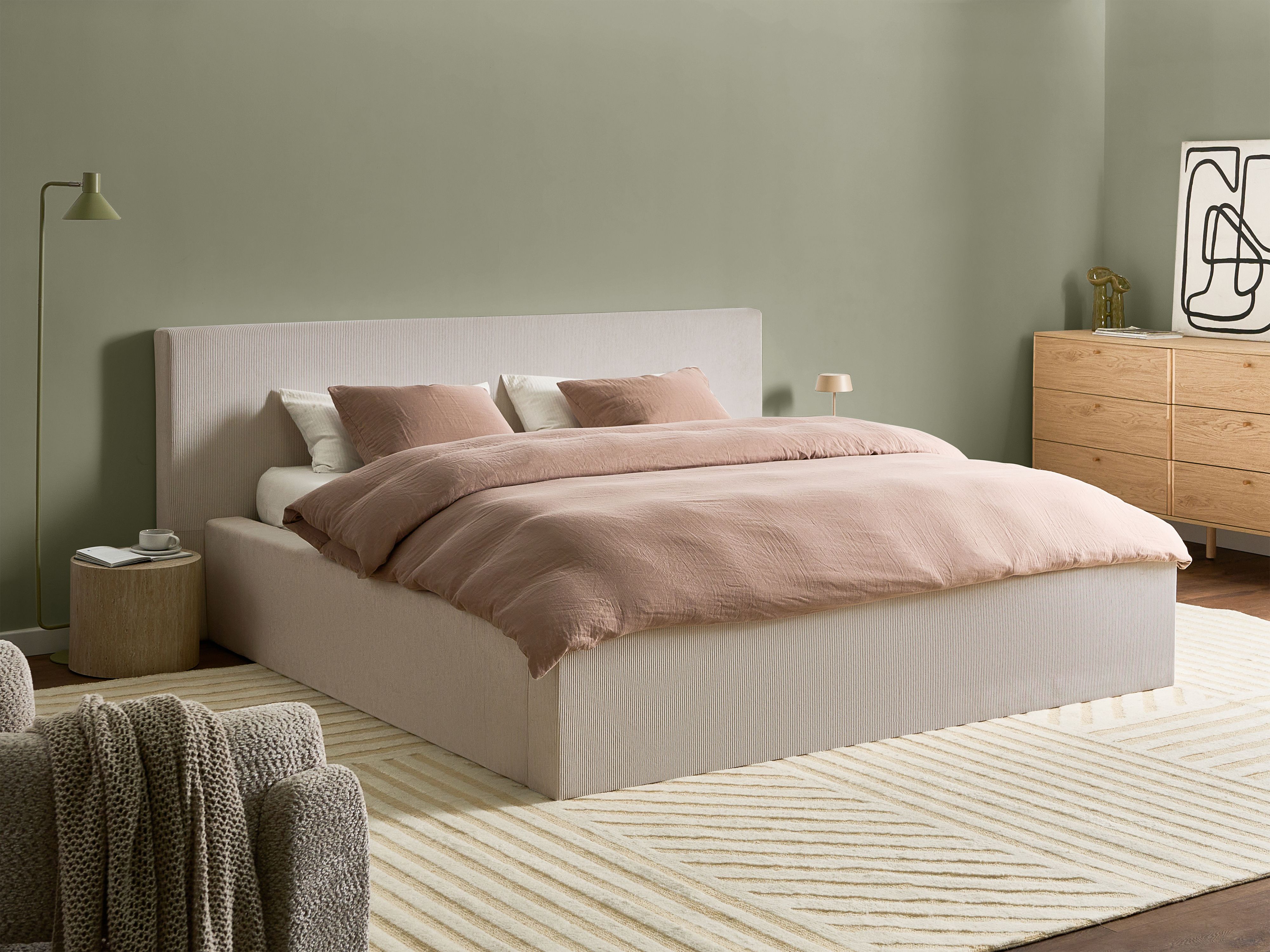 Ottoman Bed Corduroy LILLEBONNE 180 x 200 cm (EU Super King) Light Beige