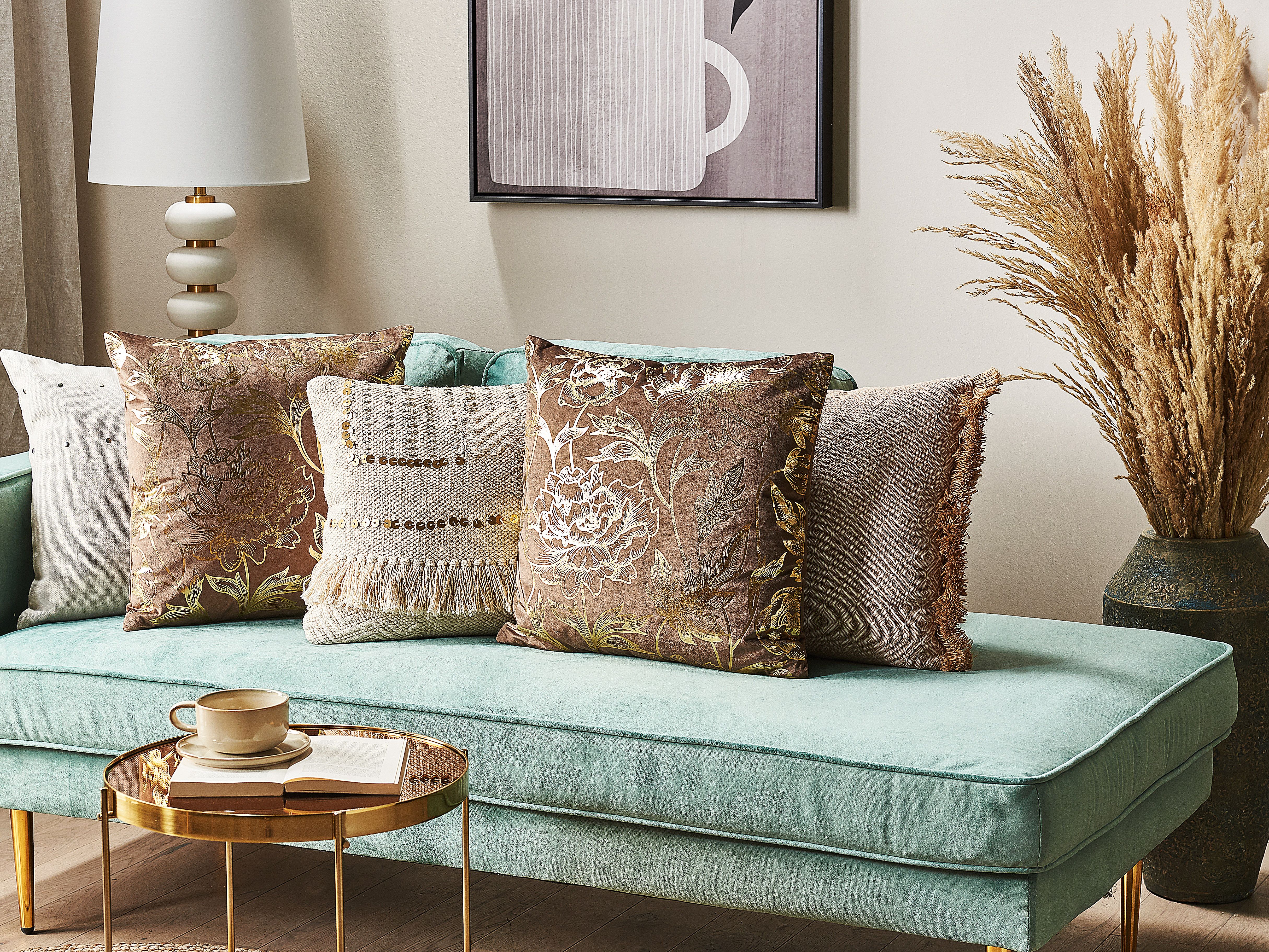 Set of 2 Decorative Cushions DAFFODIL Velvet 45 x 45 cm Brown Floral Pattern