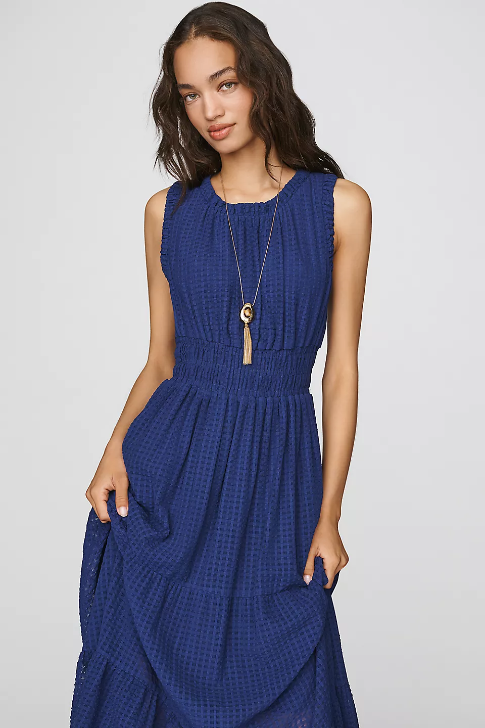 Sleeveless Smocked Waist A-Line Midi Dress