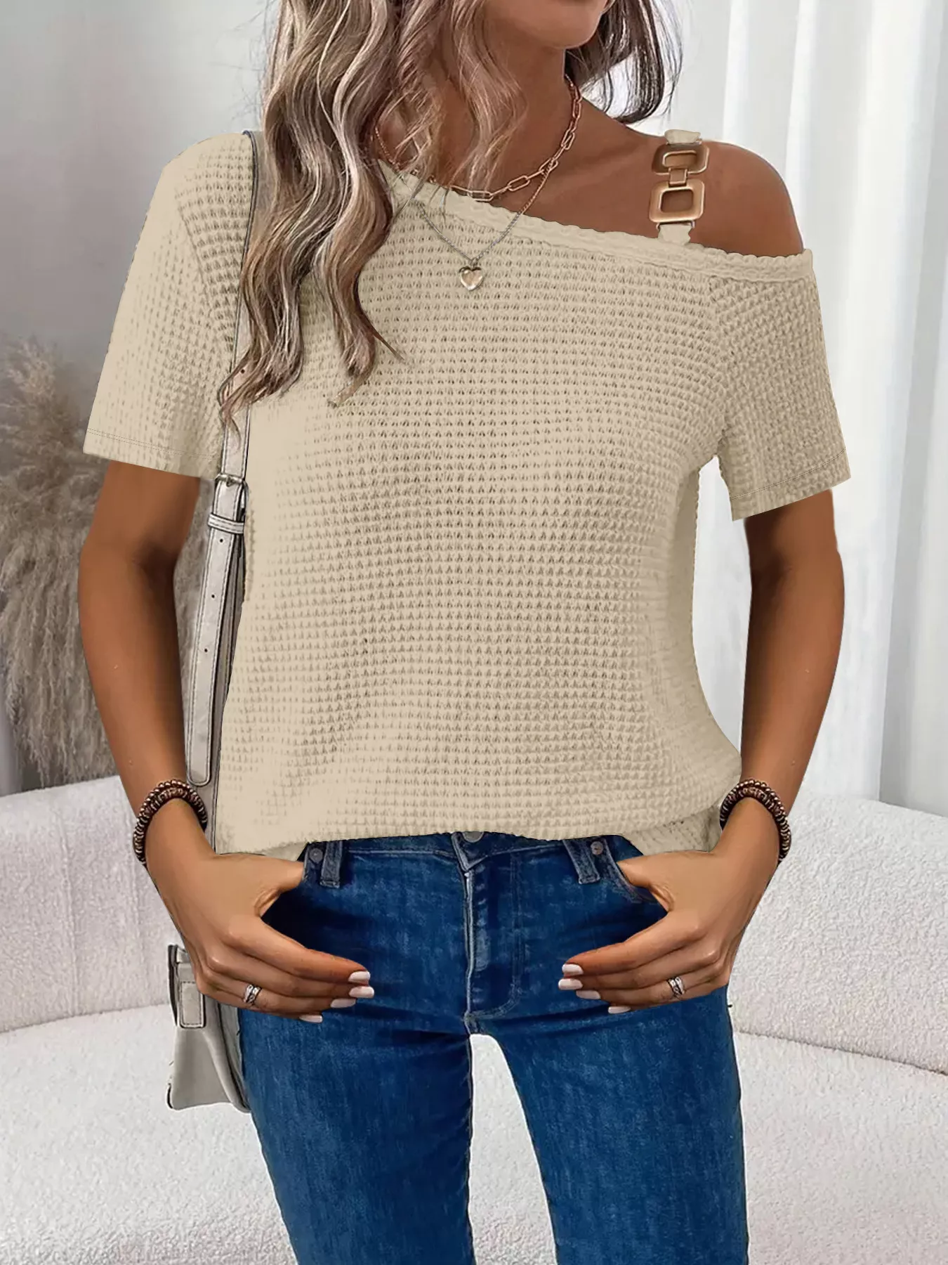 One-Shoulder Chain Detail Waffle Knit T-Shirt - ZKZOOK