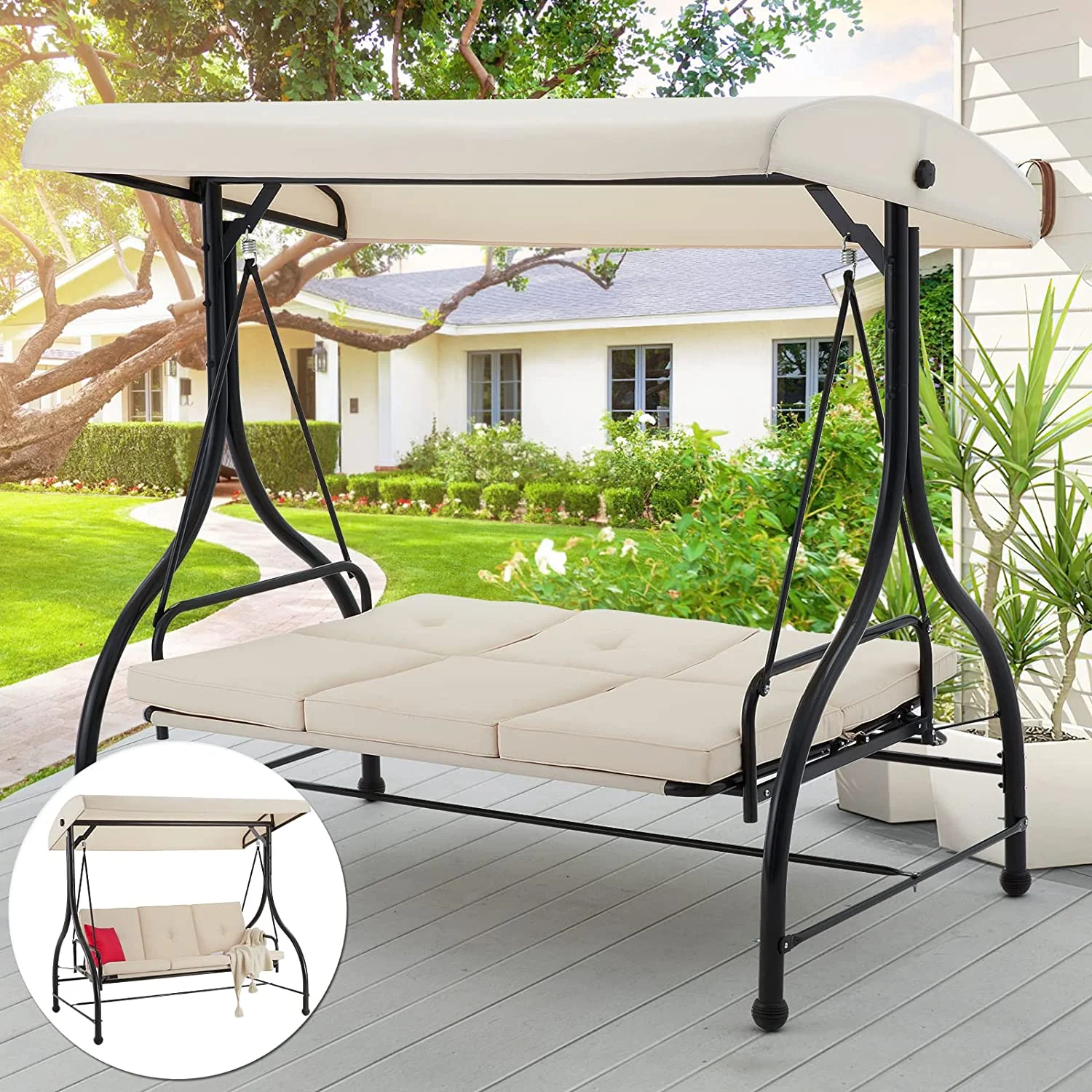 AECOJOY 3 Person Canopy Steel Porch Swing, Converting Swing Glider Hammock-Beige - Image 8
