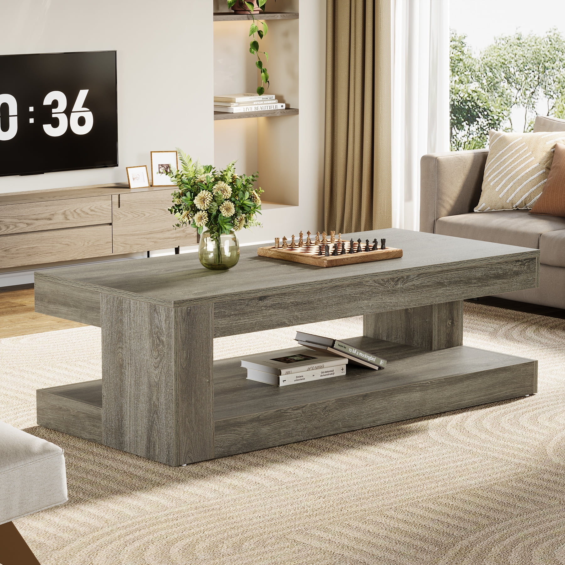 Tribesigns Coffee Table for Living Room, 47.24-Inch Farmhouse 2-Tier Accent Center Tea Cocktail Table with Storage, Elegant Grey, Rectangular - Image 4