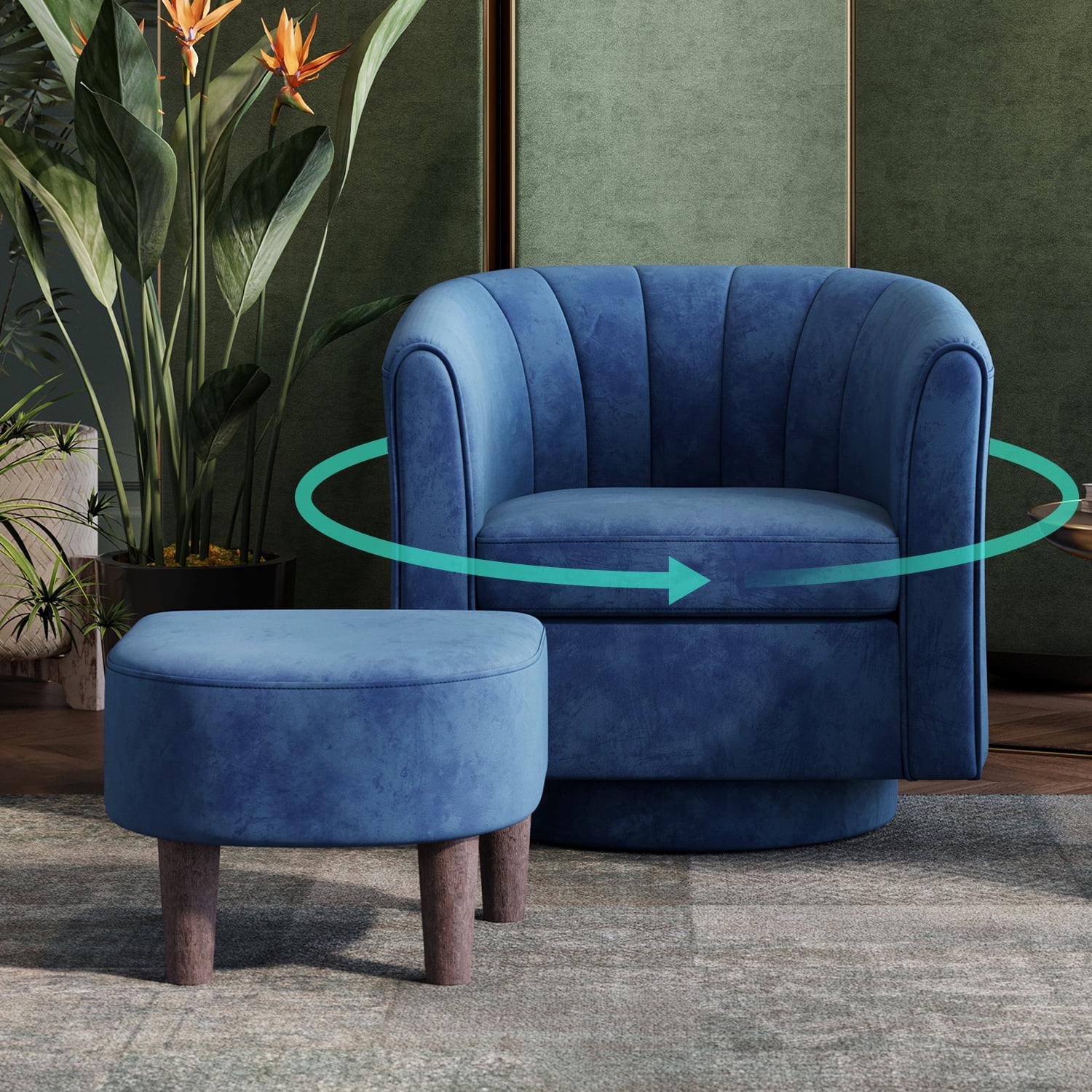 LINSY HOME Swivel Accent Chair with Ottoman, Velvet Barrel Chair for Living Room, Blue - Image 2