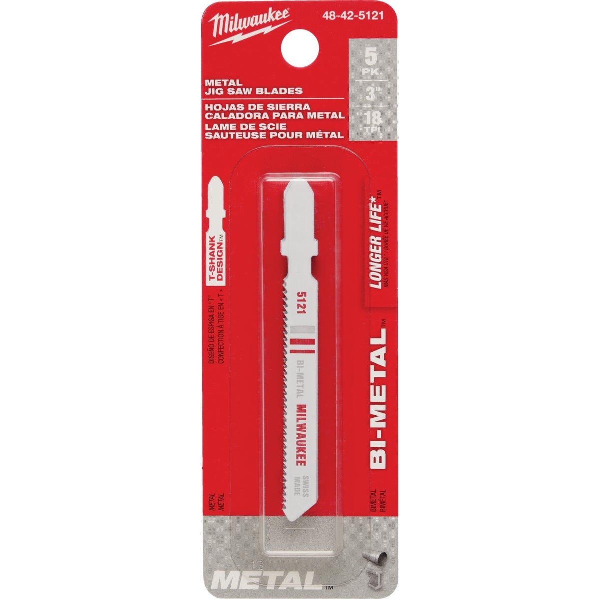Milwaukee T-Shank 3 In. x 18 TPI Bi-Metal Jig Saw Blade, Metal Cutting (5-Pack)