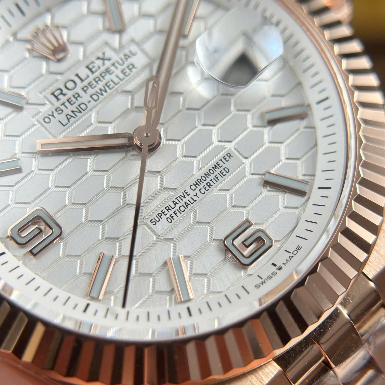 Rolex Land-Dweller 127235 Rose Gold Honeycomb Motif Dial Luxury Fake Watches 40mm - Top club