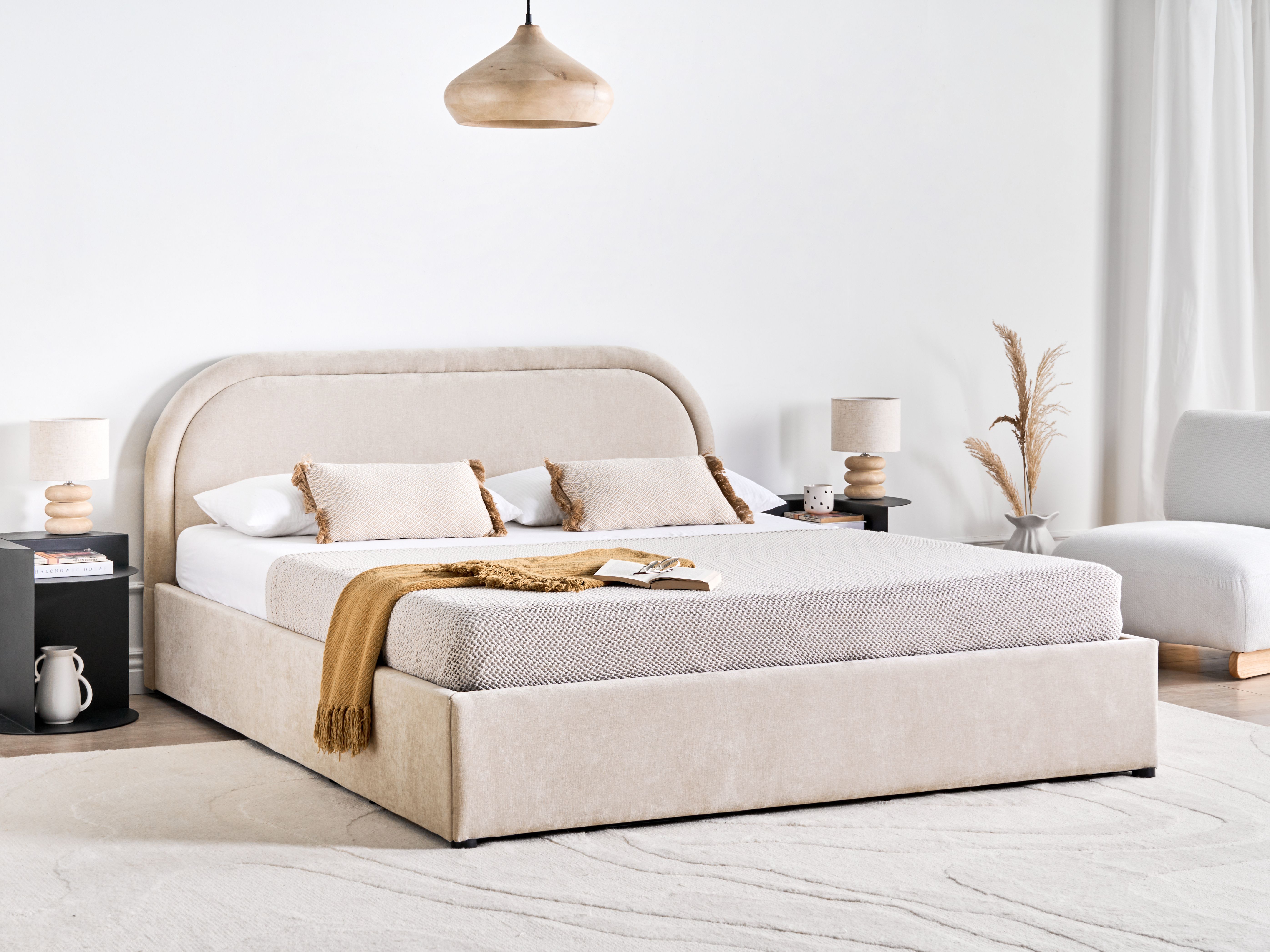 Ottoman Bed Chenille QUILLIEN 160 x 200 cm (EU King Size) Light Beige