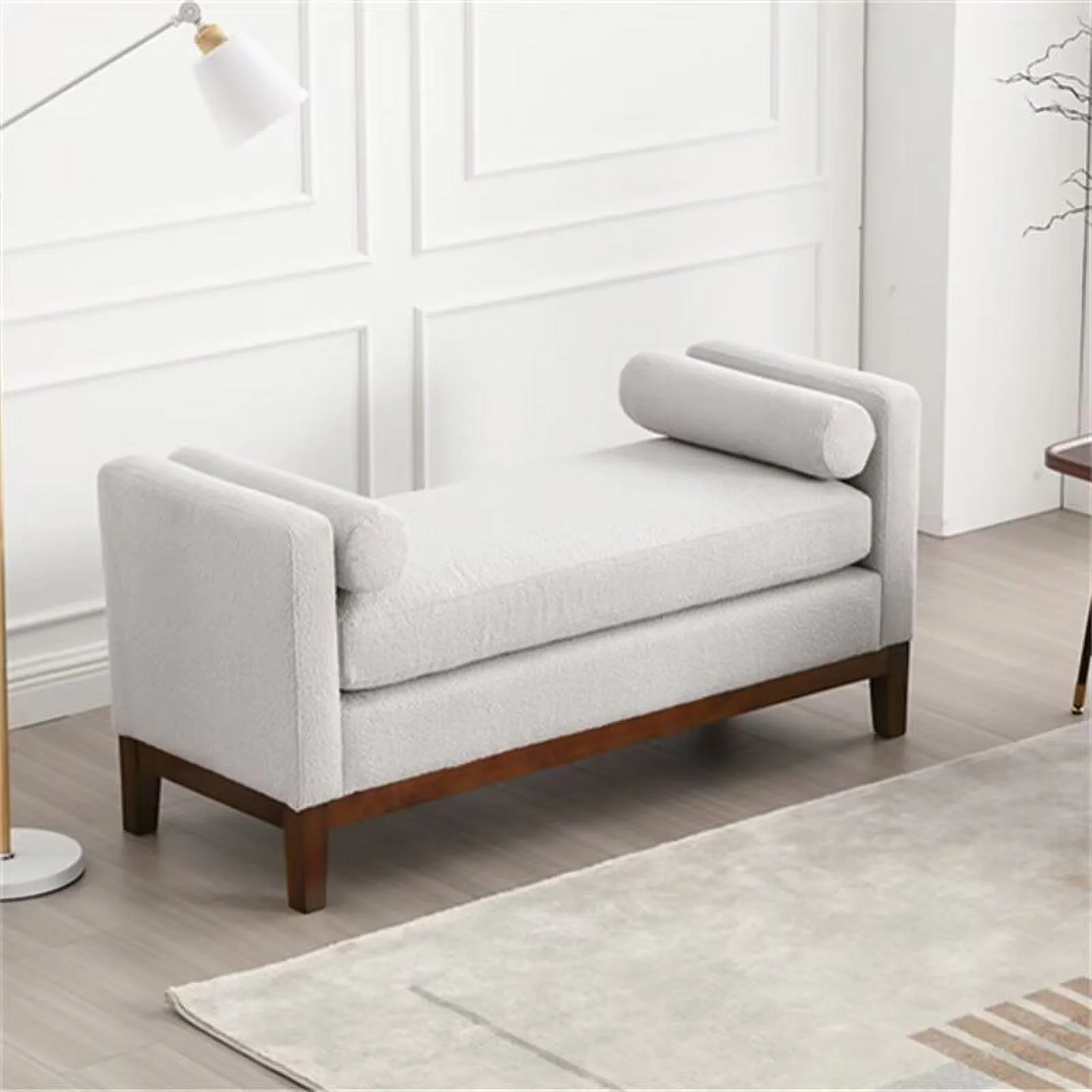 End of Bed Bench, 53.5" Boucle Fabric Upholstered Entryway Bench with Wood Legs & Bolster Pillows, Rolled Arm Cushioned Ottoman Foot Rest Long Stool Window Extra Seating for Bedroom, Ivory - Image 13