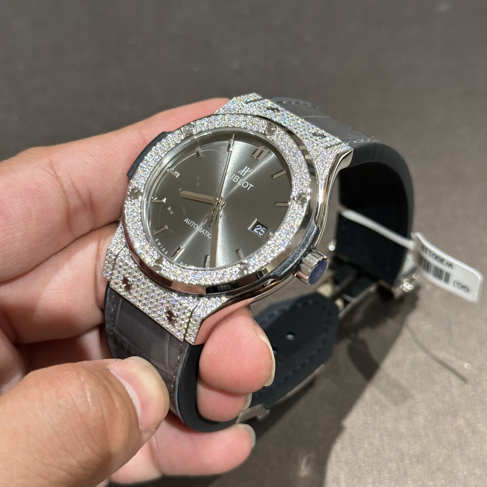 Hublot Replica Watch With Full Diamond Moissanite Diamonds Gray Dial Leather Strap 42mm - Top club