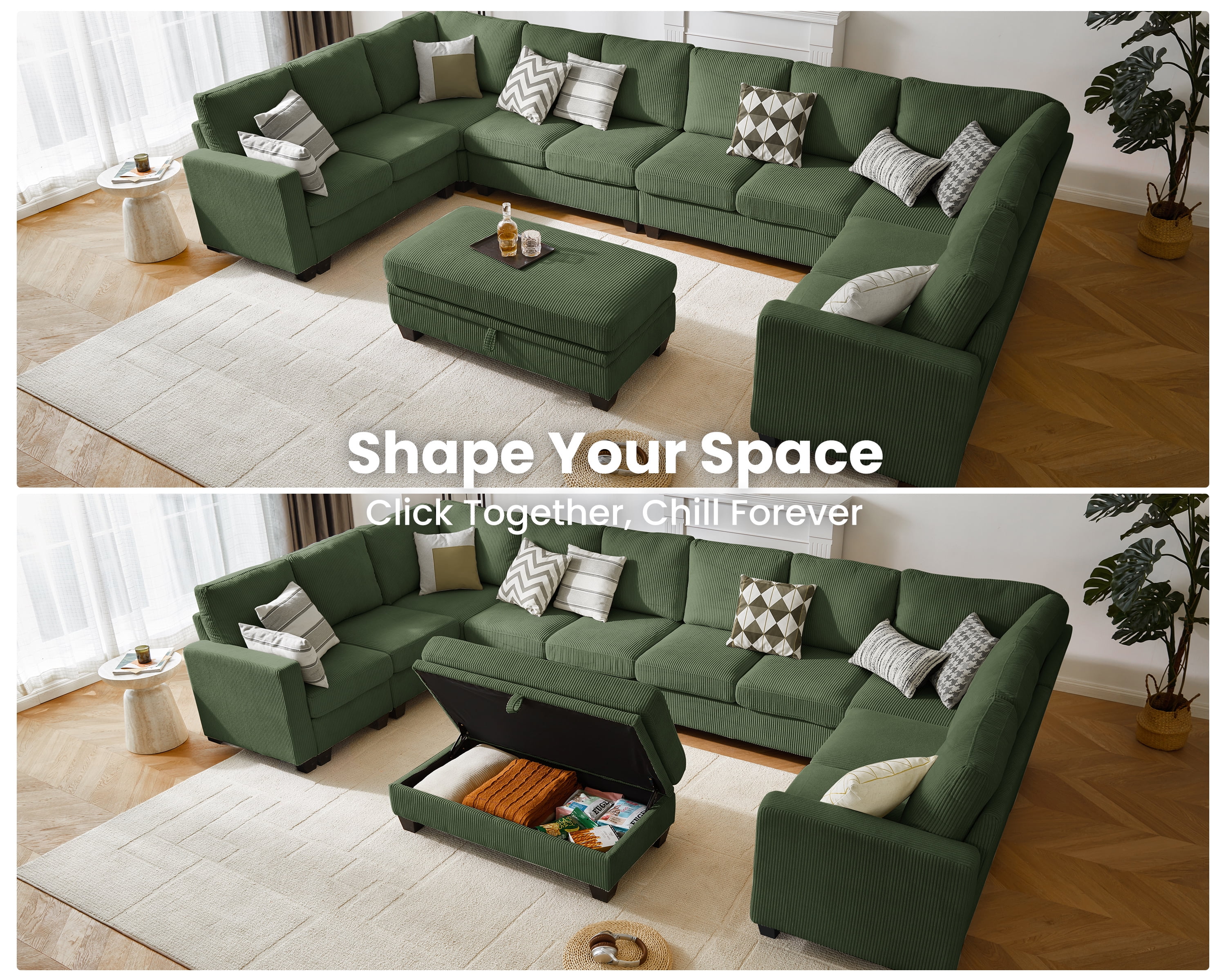 CHIC HOUSE 154.5" Sectional Sofa with Storage Ottoman Chaise, Corduroy U Shaped Sofa Convertible Sectional Couches for Living Room, 12 Seater Corner Modular Sofa with Deep Seat Throw Pillows, Green - Image 10