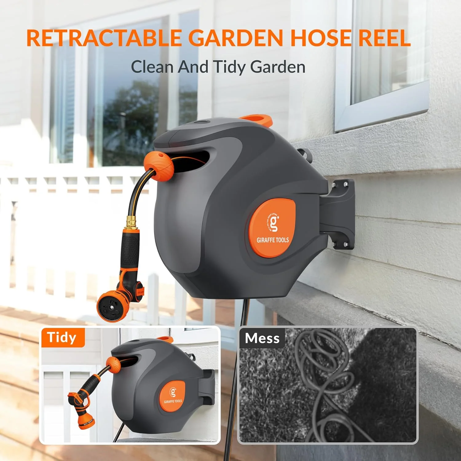 Giraffe Tools Retractable Garden Hose Reel with 1/2in-100ft Water Hose, Plastic Bracket, Wall Mounted, Dark Grey - Image 62