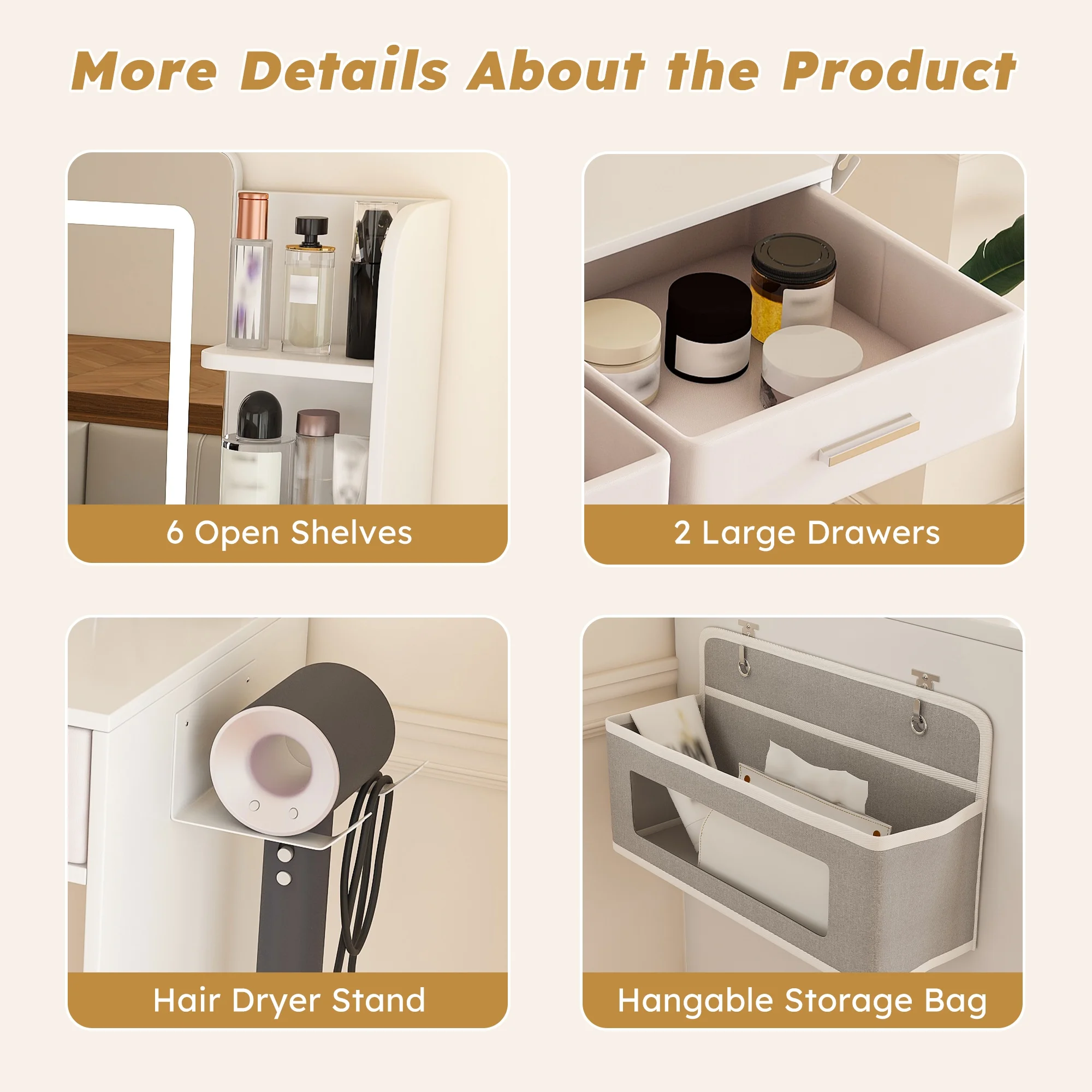 Montary Modern Mini Vanity w/Adjustable LED Mirror + Hidden Storage, Padded Stool & Dustproof Shelves (White) - Image 93