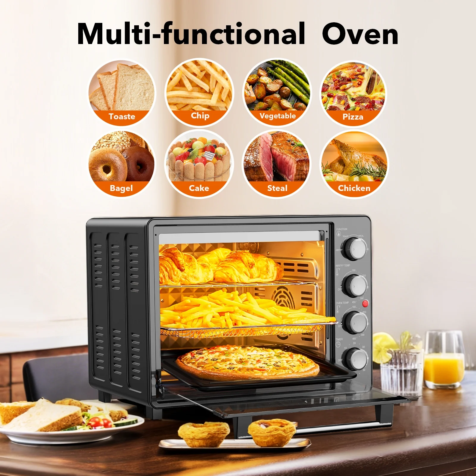 34 QT Super-Large  Air Fryer, Oil-Less Air Fryer Toaster Oven Combo with Pizza, Warm, Broil, Toast, Bake, Air Fry, 5  Functions - Black