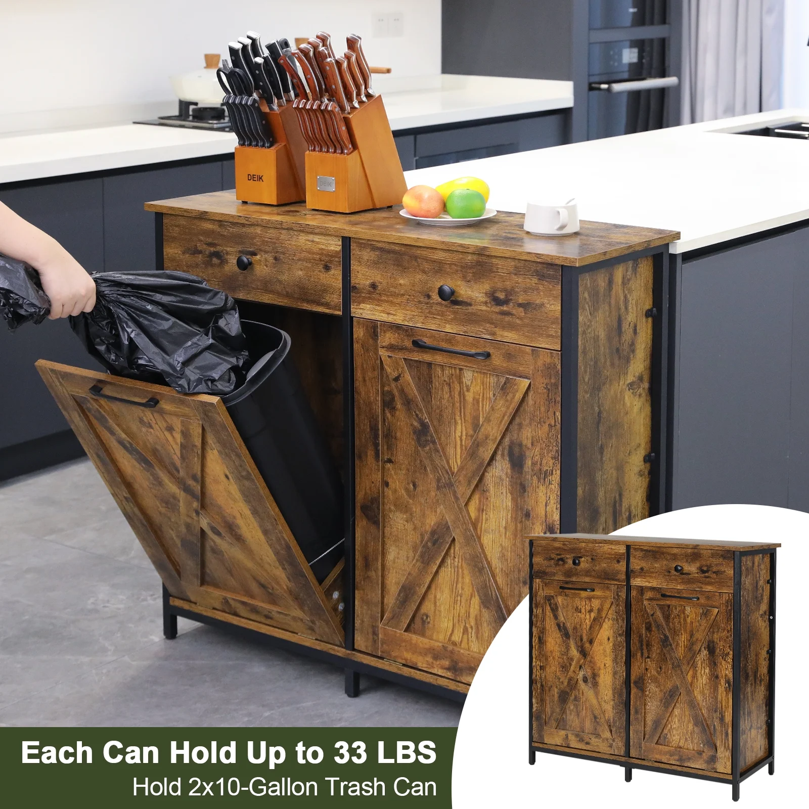 Pirecart 20 Gallon Double Tilt Out Trash Cabinet Wood Hidden Storage Cabinet, Recycling Cabinet with 2 Drawers, Black - Image 28