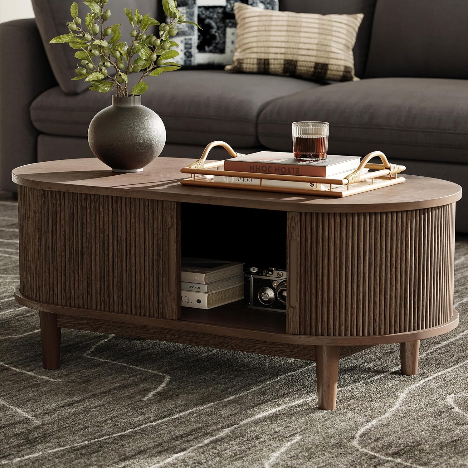 LINSY HOME Oval Coffee Table, Wood Coffee Table with Storage, Fluted Accent Center Table with Sliding Tambour Door, 39